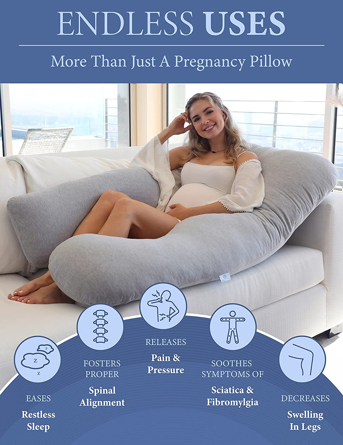 Pharmedoc Pregnancy Pillow U-Shape Body Pillow, Maternity Pillow Support Detachable Extension - Machine Washable Jersey Cover image number 4
