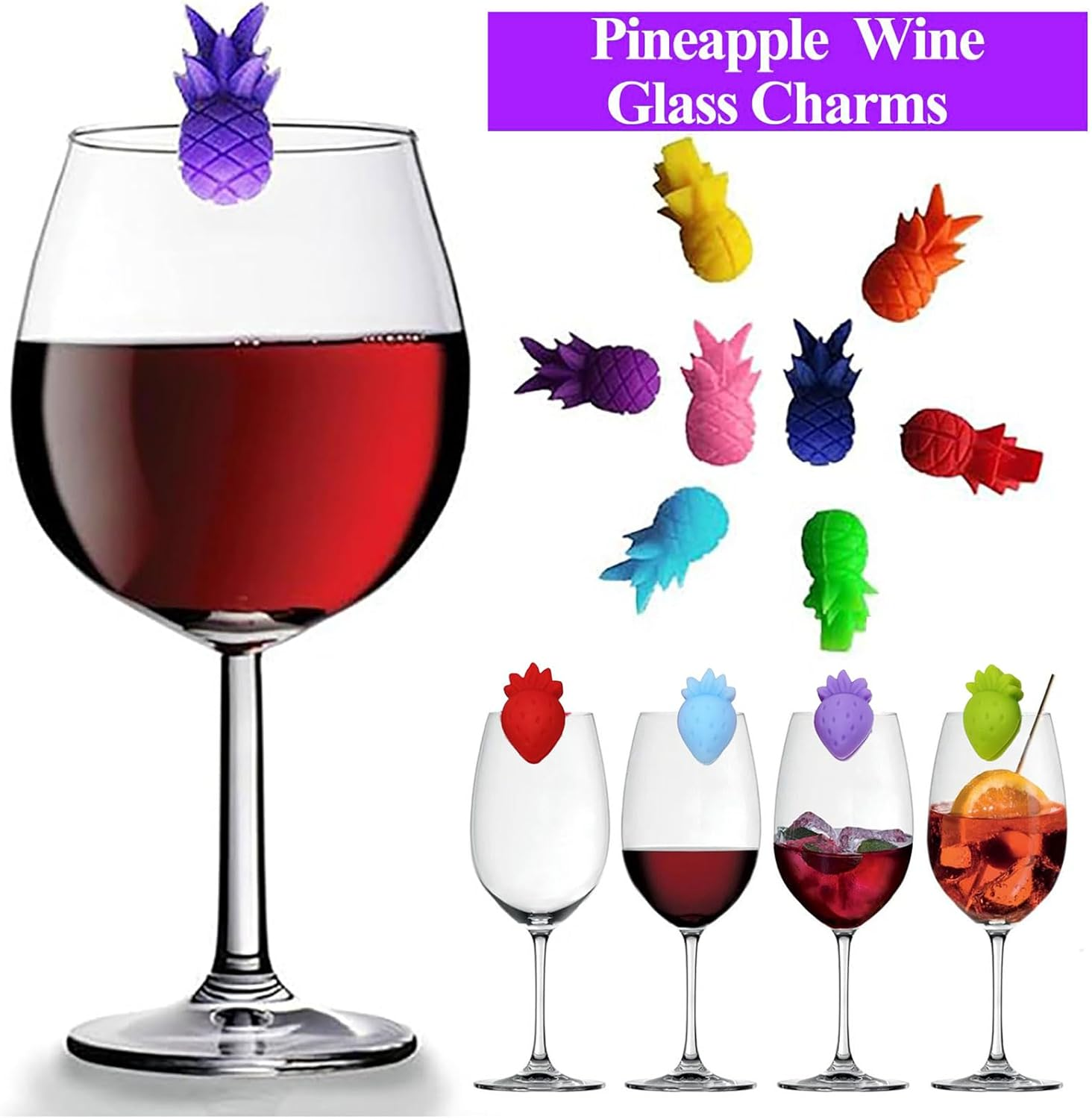 Lyvixora 16PCS Upgraded Wine Glass Charms - Silicone Strawberry & Pineapple Drink Markers | Cute & Reusable Cocktail Champagne Flutes Glass Cup Label Tags for Parties, Weddings & Events image number 5