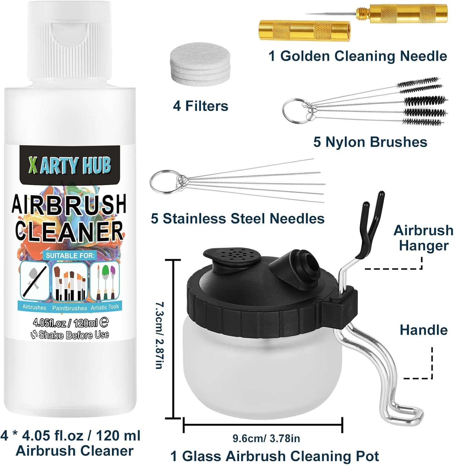 X ARTY HUB Airbrush Cleaning Kit - 4 * 120 Ml Airbrush Cleaner with Glass Cleaning Pot, Easily Handle Water-Based and Acrylic Paints, for Airbrushes & Other Artistic Tools image number 5