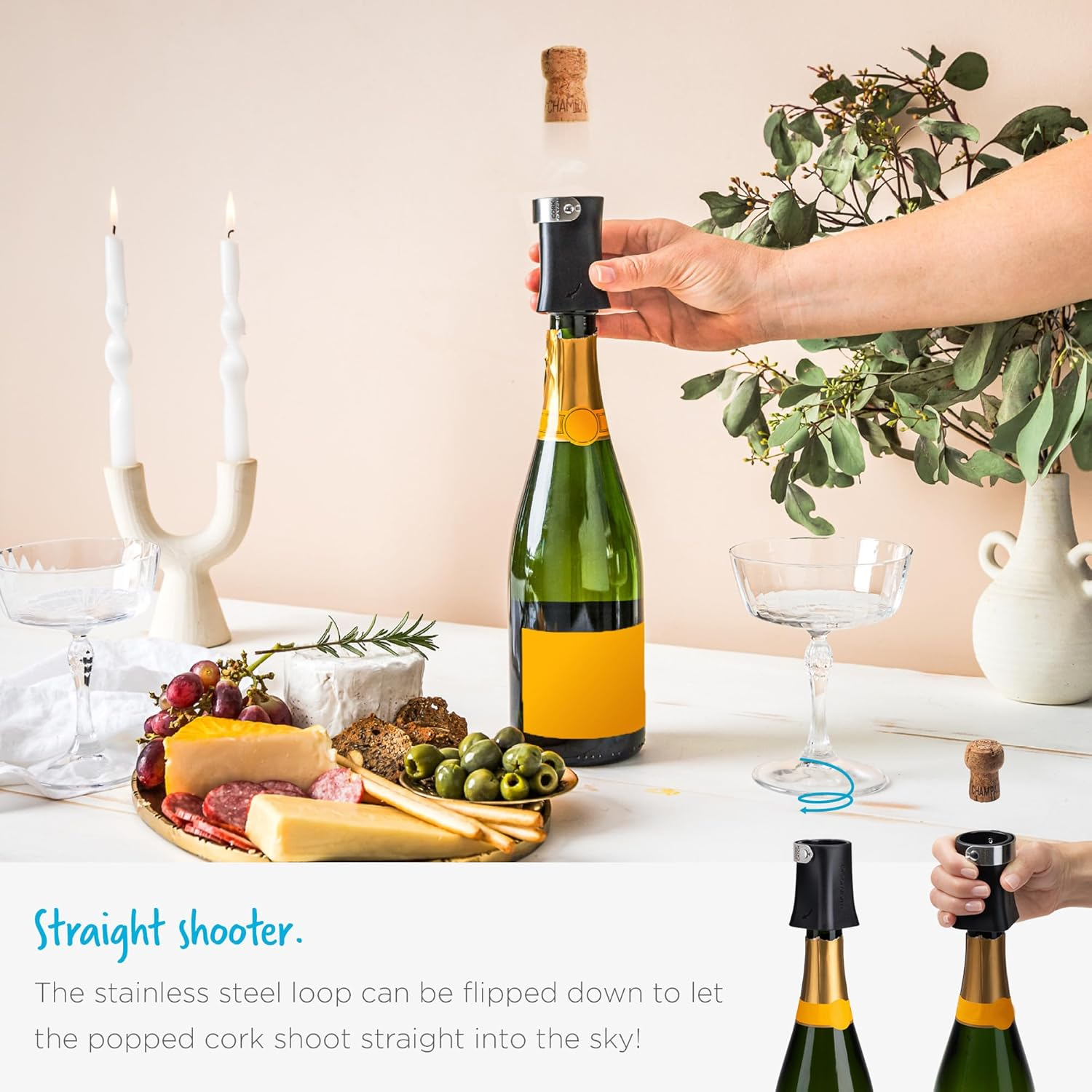 Dreamfarm Champop Safe, Fast, & Easy Champagne Bottle Opener, Cork Popper & Catcher - Black image number 6