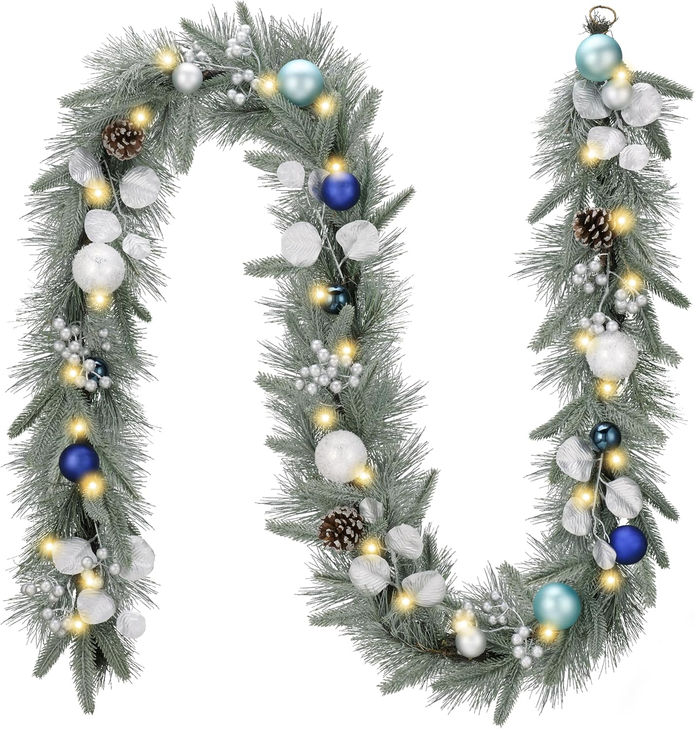 Valery Madelyn 6 Ft Pre-Lit Christmas Garland with Lights for Mantle, Lighted Outdoor Xmas Garland with White Gold Balls Norfolk Pine for Home Stairs Fireplace Table Centerpiece Indoor Holiday Decor image number 5