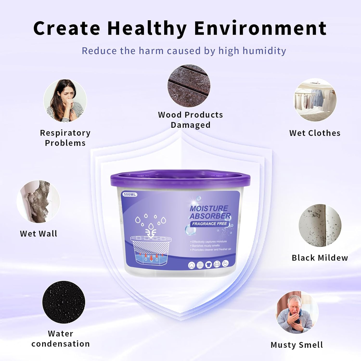 TFMOJHST Fragrance Free Moisture Absorption Box, Dehumidifier Bucket,Portable Dehumidifier Moisture Absorbers for Cars,Closet, Bathrooms, Kitchens, Laundry Rooms, Basements Etc(12 Pack,Purple) image number 1