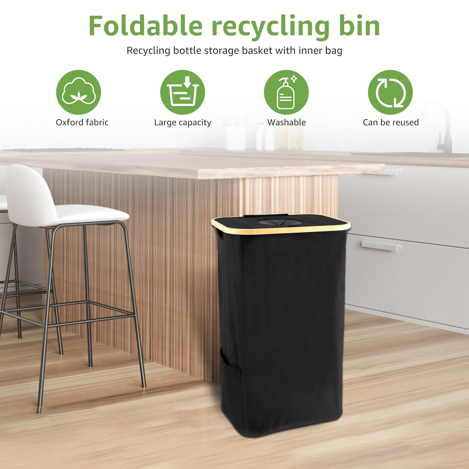 105L Recycling Bin Large Capacity Recycle Bin with Lid Removable Reusable Bag Foldable Collecting Bottle Can Portable Recycling Storage Container Bamboo Handle Recycle Bottle Bin for Kitchen Indoor image number 5