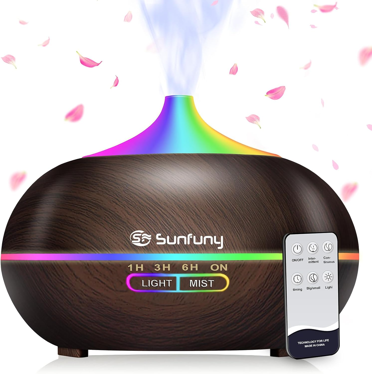 Essential Oil Diffuser, Sunfuny 550Ml Aromatherapy Diffuser Air Humidifier with Remote Control, Aroma Oil Vaporiser, Ultrasonic Fragrance Defuser with RGB LED Light, Xmas Gift (Hollow Dark Wood Grain)