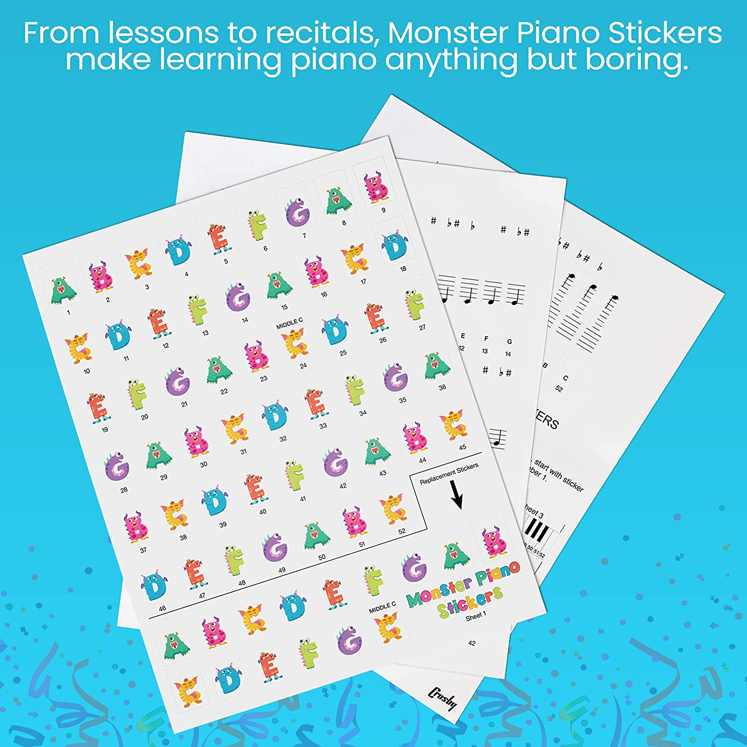 Crosby Monster Piano Stickers for Learning Piano or Keyboard - Transparent 88, 76, 61 & 49 Removable Key Set for Kids