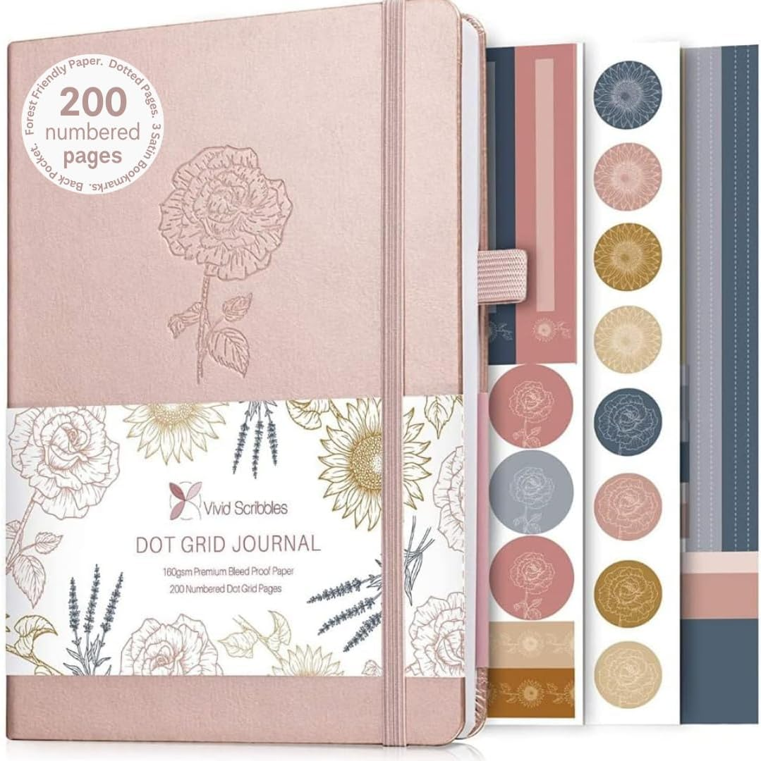VIVID SCRIBBLES Dotted Journal &ndash; 160Gsm No Bleed Thick White Paper &ndash; 200 Numbered Dot Grid Pages &ndash; A5 Dotted Bullet Notebooks Includes a Gift Box and Journal Stickers