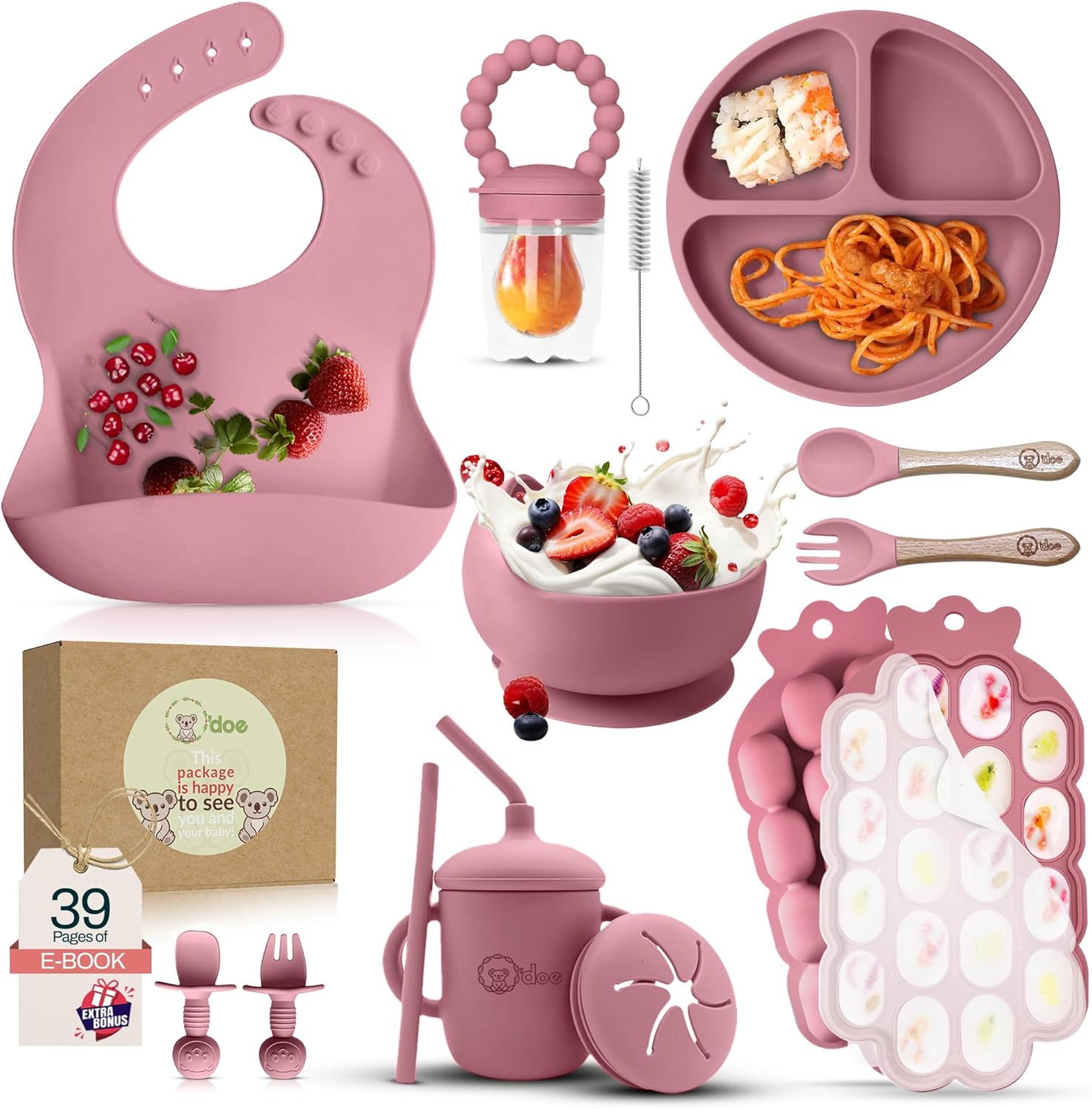 15 Pcs Silicone Baby Feeding Set with Suction Plate, Bowl, Bib, Sippy Cup, Fruit Feeder, Freezer Tray &ndash; Baby Plates and Bowls Set (Beige, V5: Nurture Pack [15 Pieces])