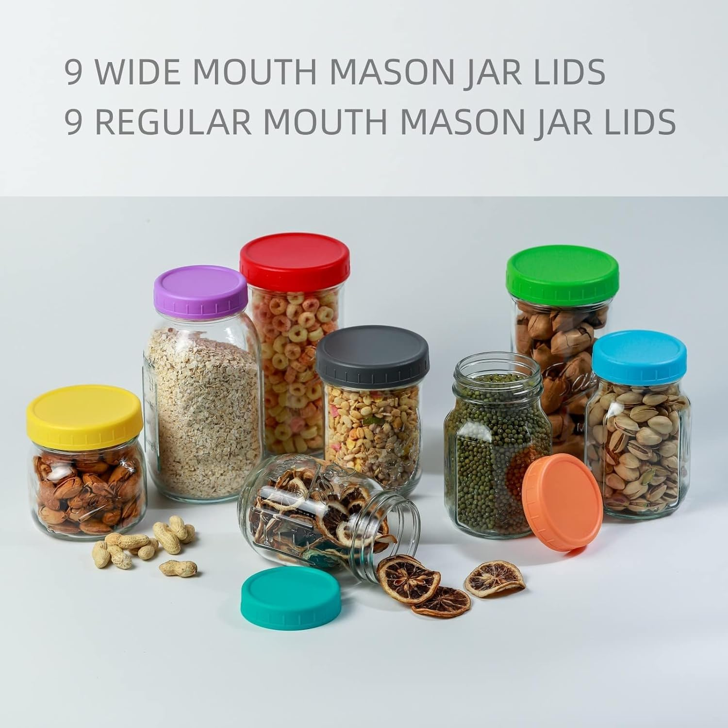 18 Pack 9 Wide Mouth & 9 Regular Mouth Mason Jar Lids with Silicone Rings,Thickened Leak-Proof Lids Fit Ball,Kerr and More, 18 Color Plastic Lids, 86Mm &70Mm Plastic Mason Jar Lids image number 4