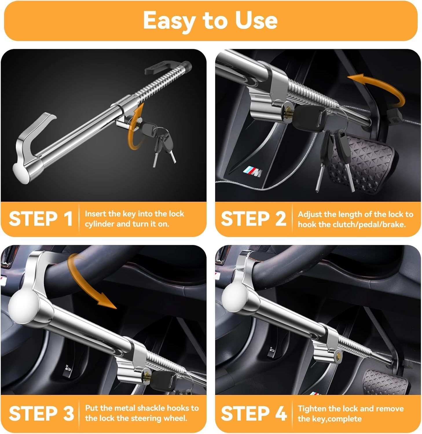 ASENDIWAY Universal Steering Wheel Brake Lock Anti-Theft Retractable Double Hook Car Clutch Pedal Lock for Car Truck SUV Van Security with 3 Keys image number 1