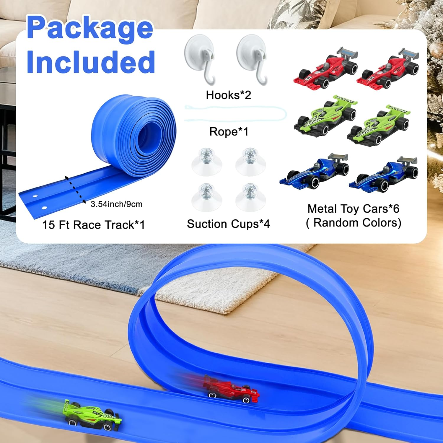 15 Ft Flexible Race Track Set with 6 Toy Cars for Kids Age 3-12