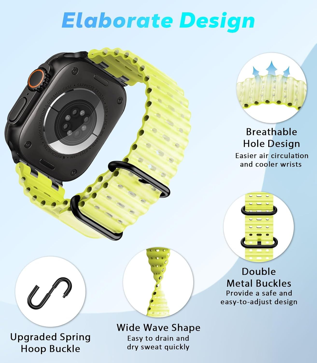 Astorgos Bicolor Ocean Band for Apple Watch Ultra 3/2/1 49 Mm, S11/S10 46 Mm, 9/8/7 45 Mm, SE3/SE2/SE/6/5/4 44 Mm, 3/2/1 42 Mm, Metal Connector Extra Long Breathable Sports Watch Strap, S + TL Green image number 2