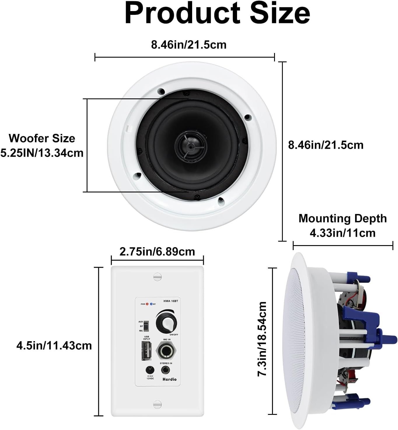 Herdio 5.25 Inch Ceiling Speakers 600W 2-Way Flush Mount with Bluetooth Wall Mount Amplifier Receiver Perfect for Home Theater Bathroom Living Room Kitchen Office(4 Speakers) image number 6