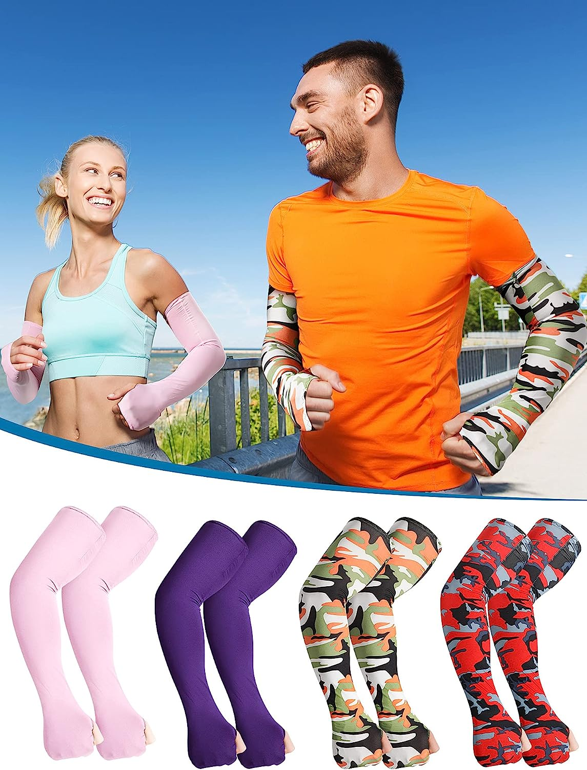 Geyoga 20 Pairs Sun Protection Arm Sleeves Fingerless Gloves Unisex Arm Covers Ice Silk Cooling Sleeves Protective Non-Slip Arm Sleeves for Outdoor Sports Running Cycling Driving, 20 Colors image number 1