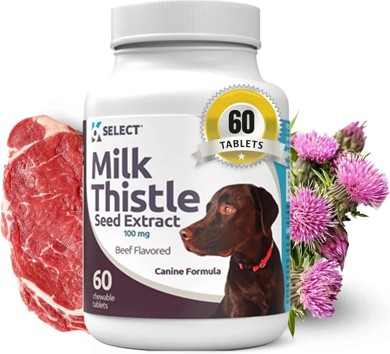 K9 Select Milk Thistle for Dogs, 100Mg - 60 Beef Flavored Tablets - Canine Liver Health Natural Milk Thistle Supplement