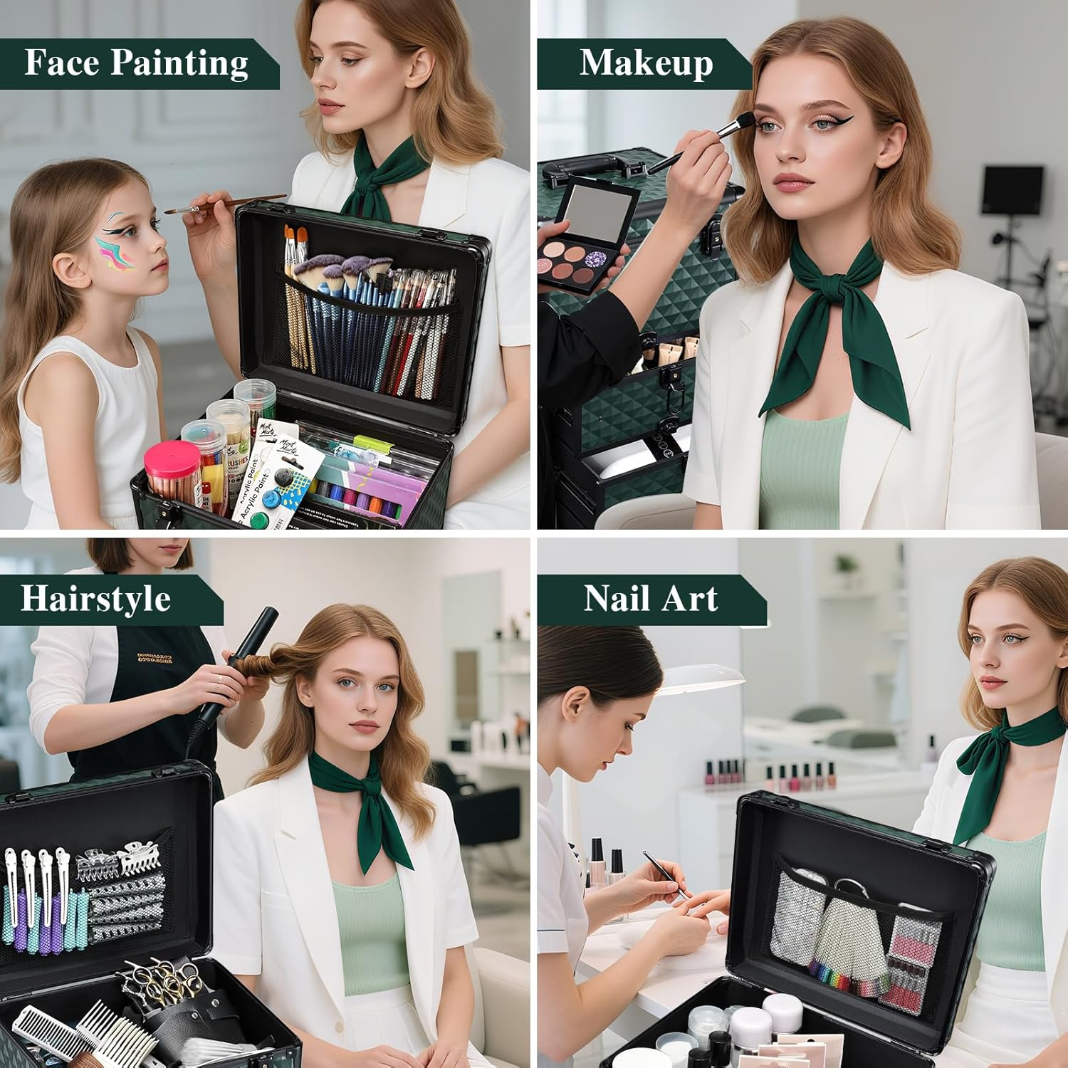 Yueieoun Nail Salon Cart with 4 Drawers,Rolling Makeup Train Case for Beauty,Cosmetology Case on Wheels Trolley Cart,Lockable Organizer Travel Case for Manicure/Face Painting/Hairstylist,Dark GREEN