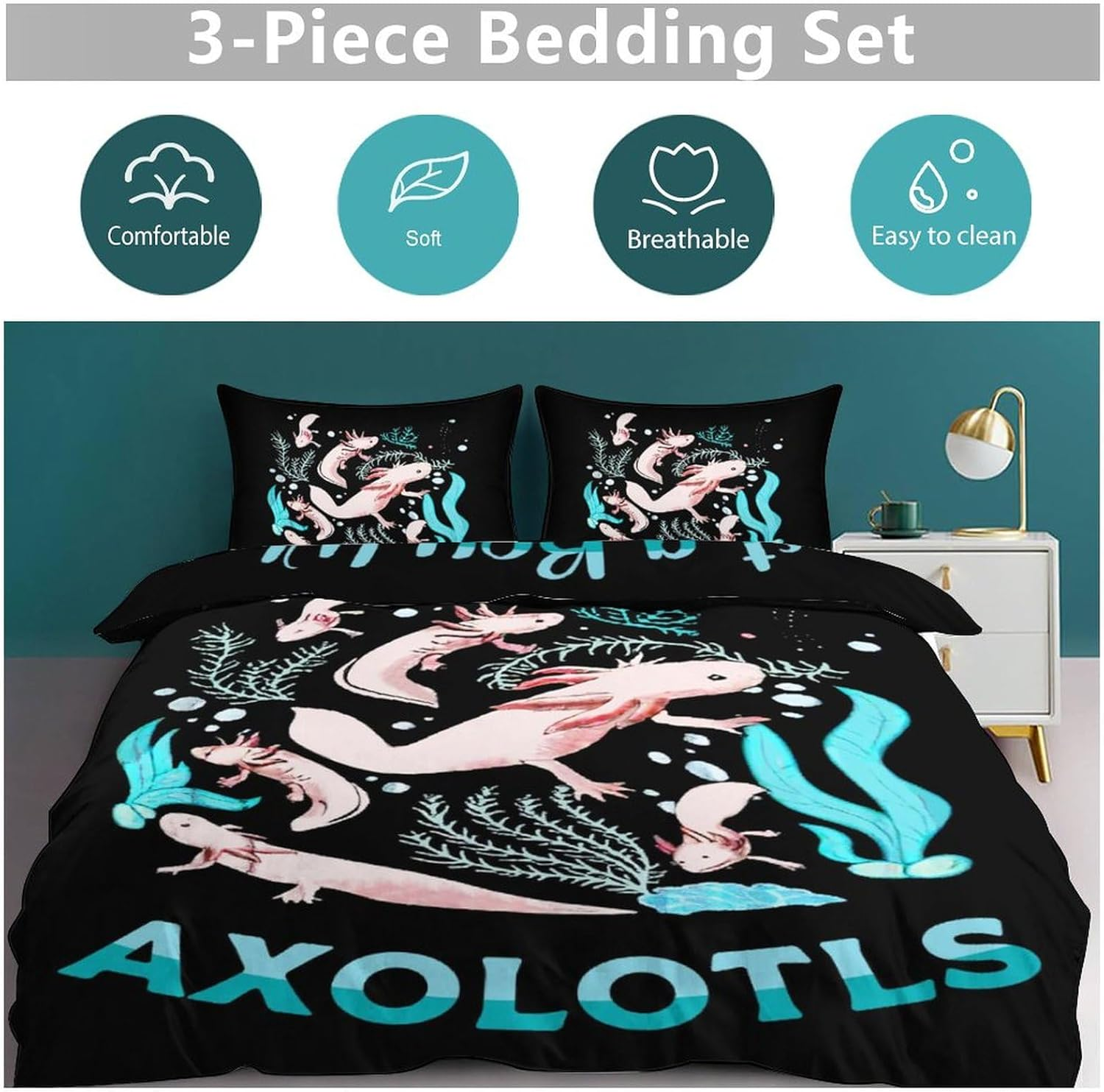 Cute Salamander Comforter Set Kawaii Axolotl Duvet Cover Axolotl Bedding Set Twin Full Queen King Size Animals Quilt Set for Boys Girls Kids Teenagers Adults Men Women with 2 Pillowcases 90"X90" image number 6