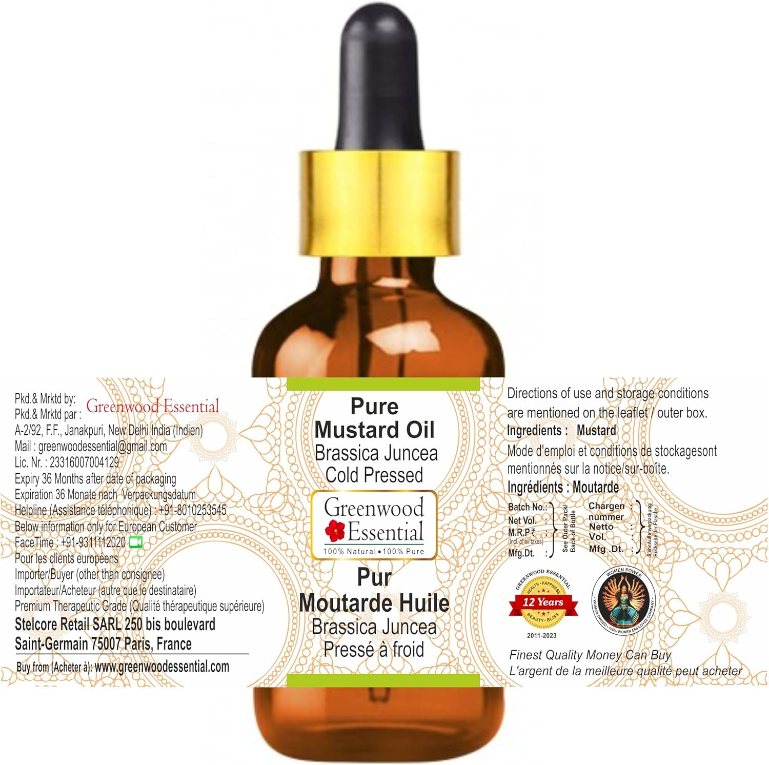 Greenwood Essential Pure Mustard Oil (Brassica Juncea) with Glass Dropper Cold Pressed for Personal Care 100Ml (3.38Oz) image number 4