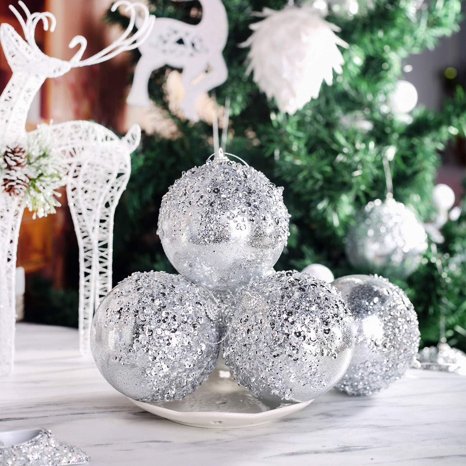 4" Christmas Ball Ornaments, 4Pc Set Silver Shatterproof Christmas Decorations Tree Balls for Xmas Trees Wedding Party Holiday Decorations - Champagne image number 4