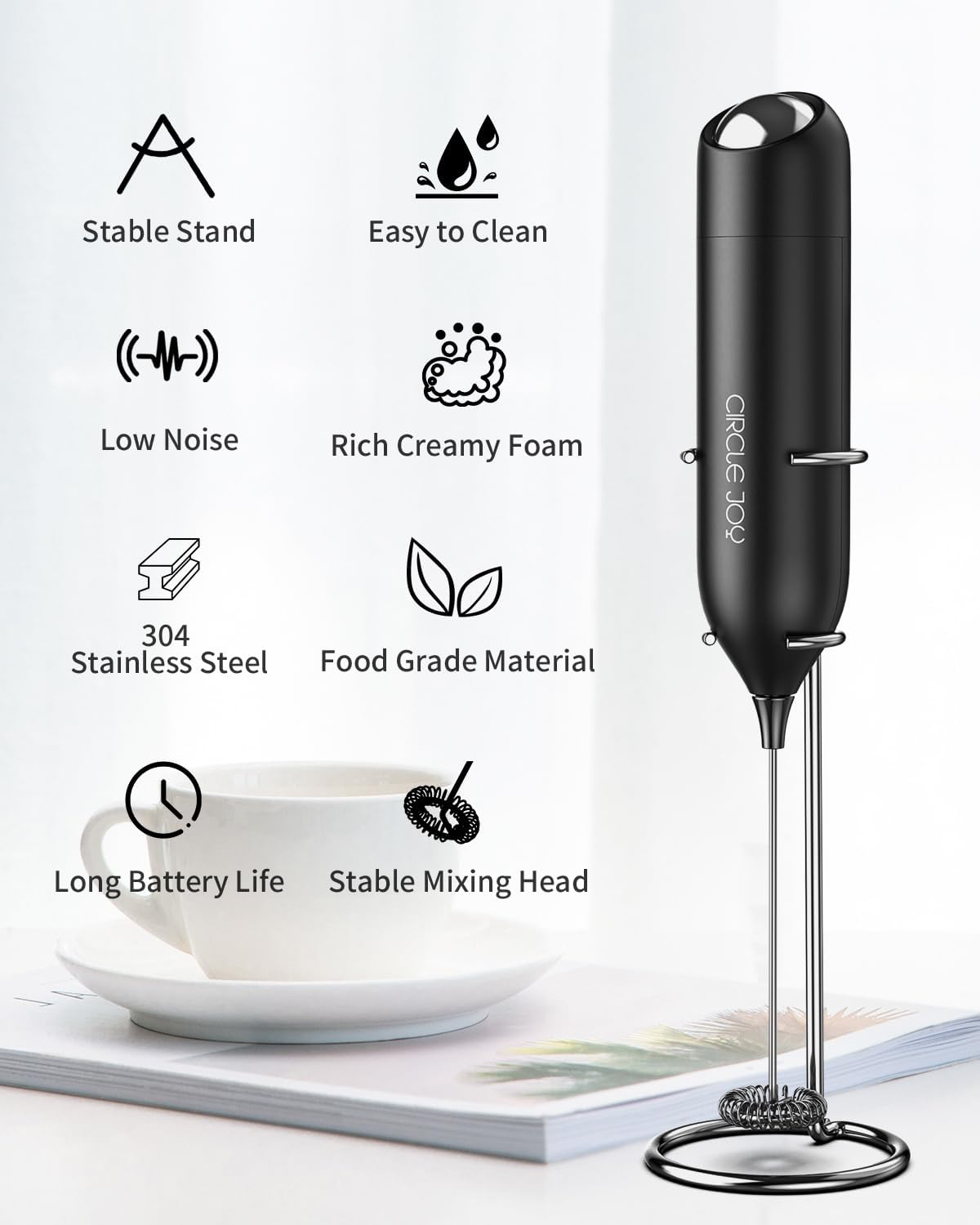CIRCLE JOY Milk Frother Handheld with Stand Battery Operated Milk Foamer Electric Mini Drink Mixer for Coffee, Cappuccino, Lattes, Frappe, Matcha and Hot Chocolate, Black image number 1
