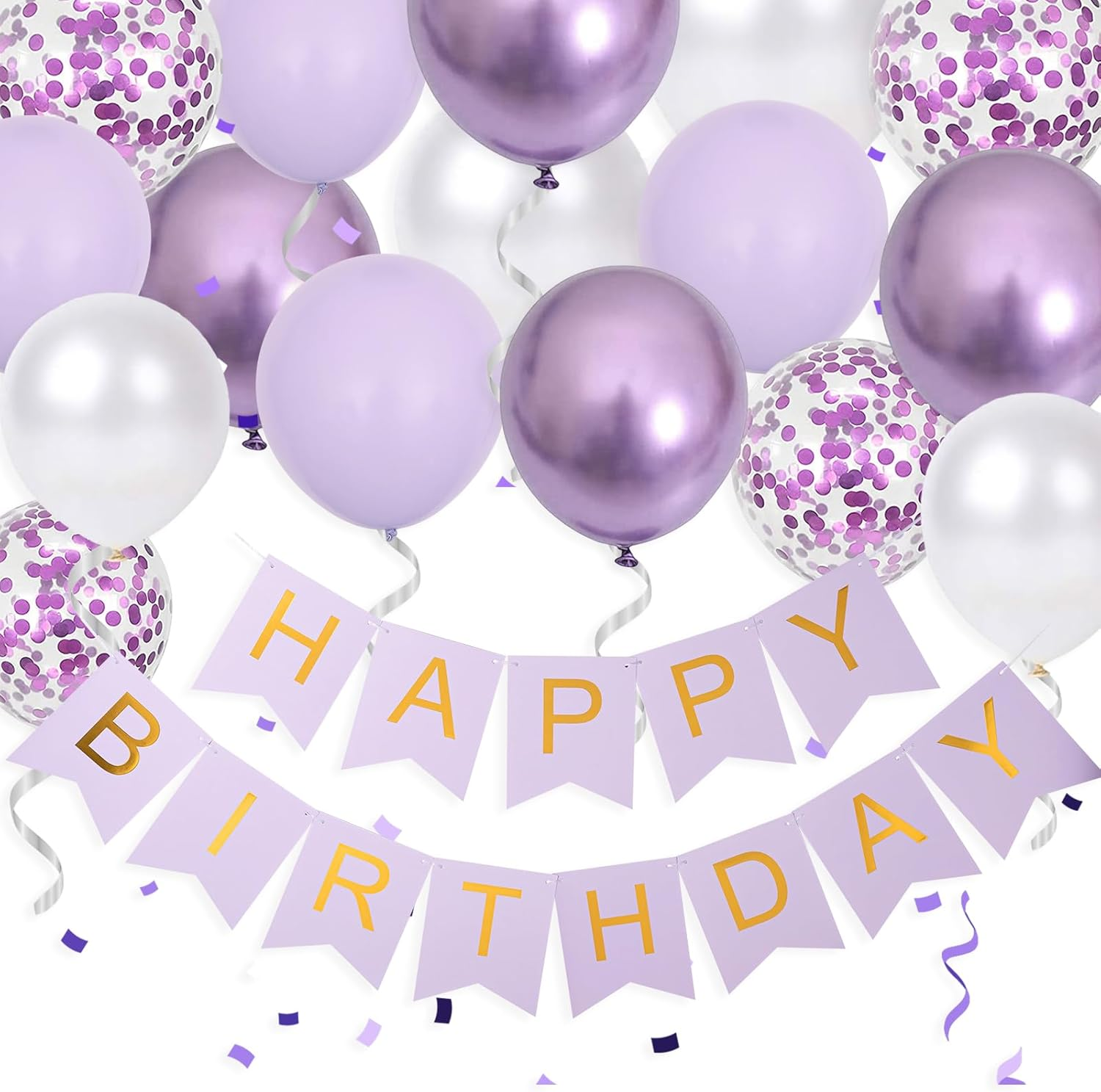 Lilac Birthday Decoration Pack, 16Pcs 12In Balloons with 2 Ribbons, Happy Birthday Banner, Confetti, Pastel & Metallic Purple Balloons, Suitable for Women, Girls & Mixed Occasions