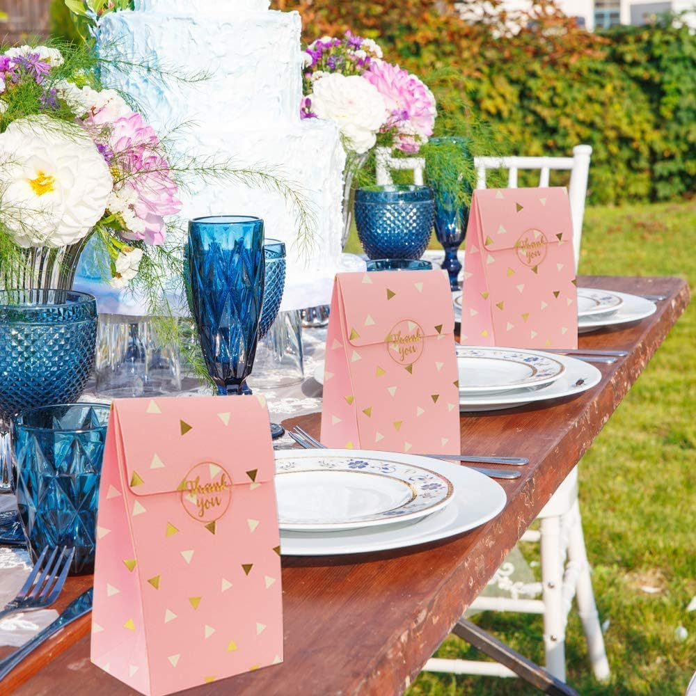 Paper Goodie Bags Pack of 24 - Party Favor Bags, Pink Treat Bags with Gold Foil for Parties, Baby Shower, Wedding and Bridal Showers, Stickers and Sealer Included image number 1