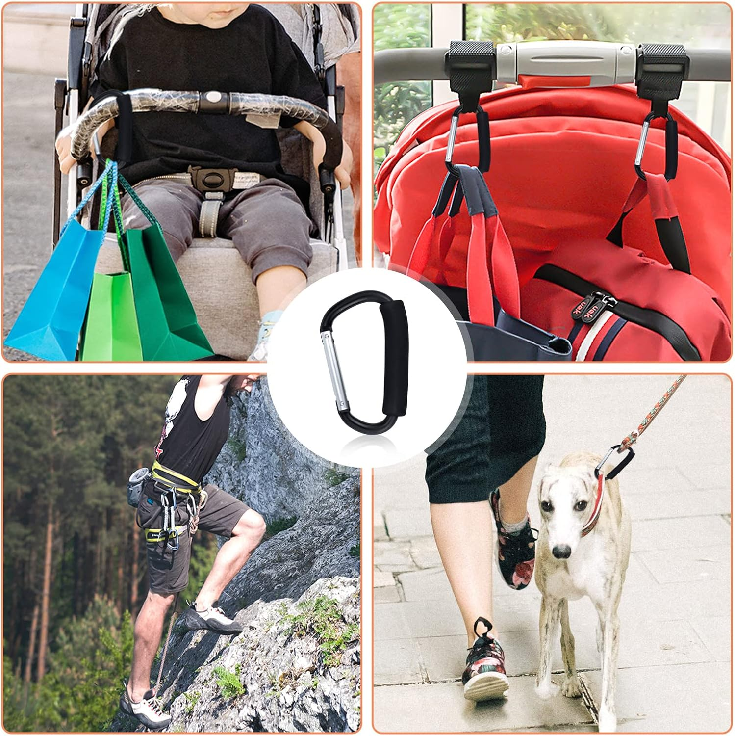 JIALEEY Grocery Bag Shopping Bag Holder Handle Carrier Tool Multi Purpose Snap Hook Stroller Hook Set Organizer Accessories with Soft Foam Grip for Hanging, Pack of 2, Black image number 4