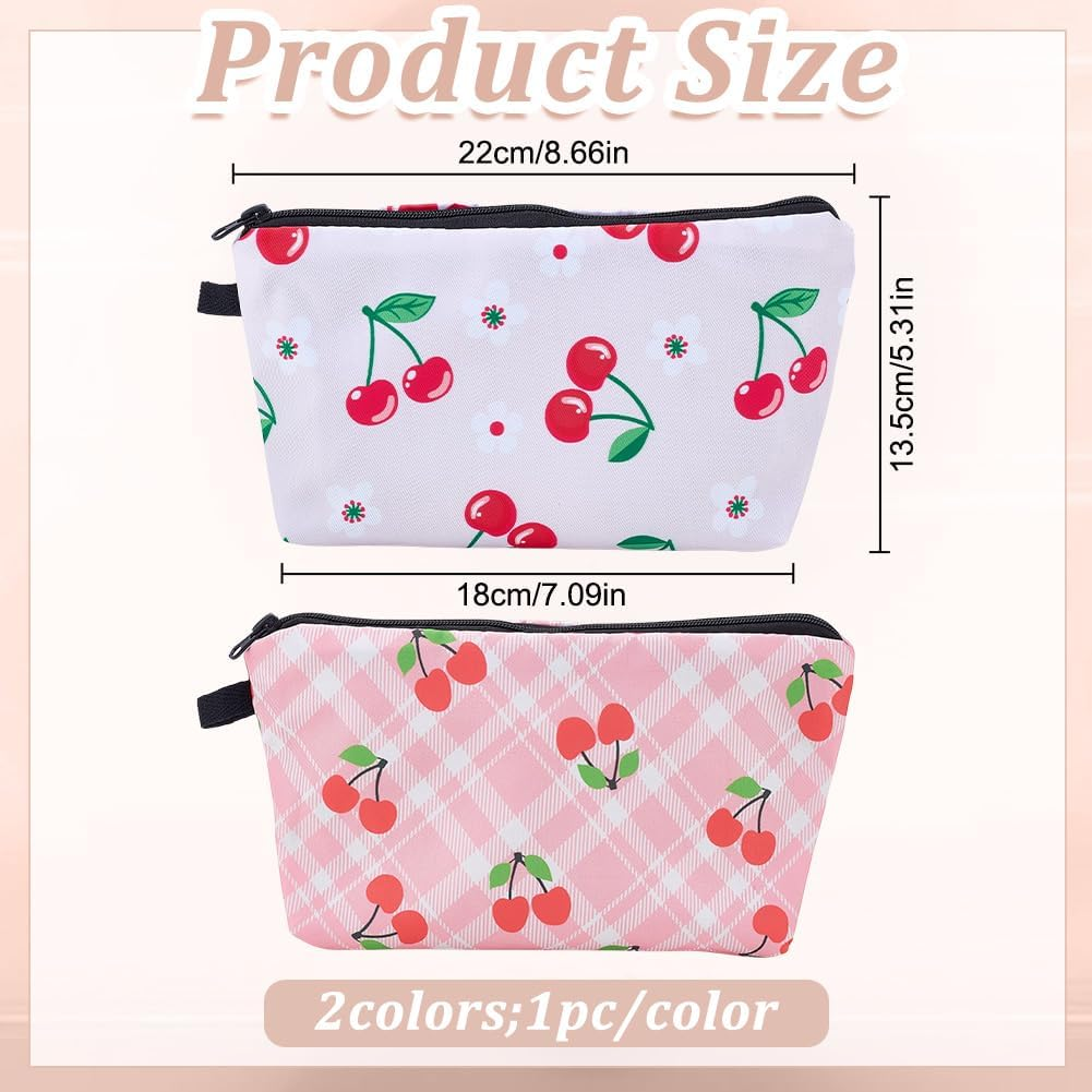 PLIGREAT 2 Styles Cherry Make up Bags Aesthetic Cosmetic Bags Organiser Small Makeup Bags for Women Cherry Motif Portable Zip Pocket Pink Storage of Toiletries image number 1
