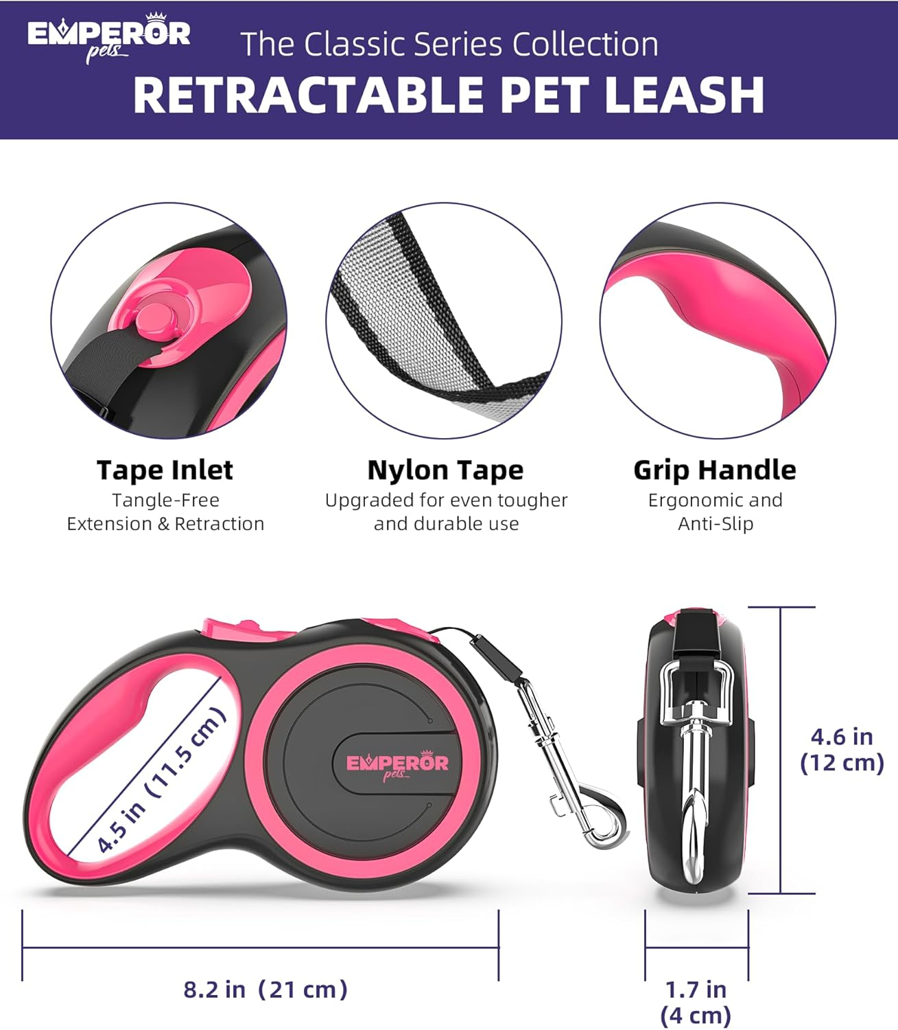 Emperor Pets 16 Ft / 26 Ft Retractable Dog Leash Large Breed | Heavy Duty Dog Leash Retractable, Strong Dog Leash & Durable Dog Leashes for Large Breed Dogs, Anti-Slip Handle, One Hand Lock - Pink 26 image number 5