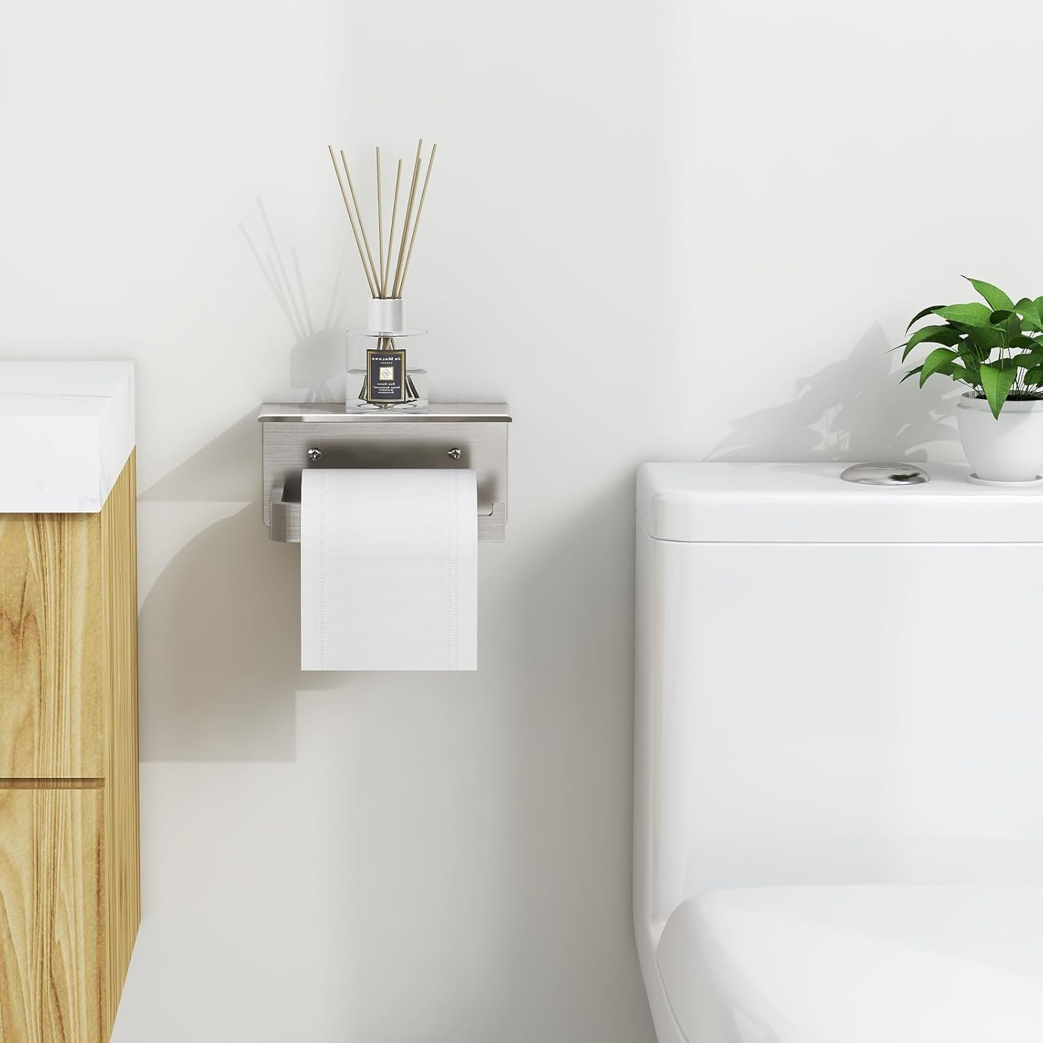 Gypie Toilet Paper Holder with Phone Shelf, Brushed Nickel Toilet Paper Holder Wall Mount, Rustproof Stainless Steel Bathroom Storage - Brushed Nickel image number 6