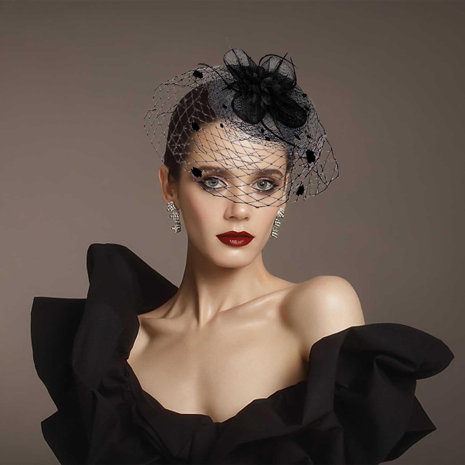 1 Piece Veil Headband, Net Headpiece, Bridal Hair Accessories, Flower Clip with Feathers, Headband with Hat (Black) image number 4