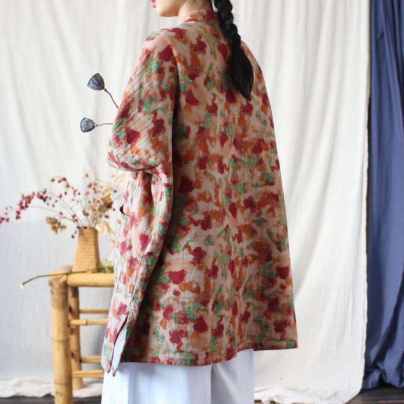 Stand Collar Women'S Spring Chinese Vintage Jacket Loose Fit Long Sleeve Top Frog Buttons image number 5