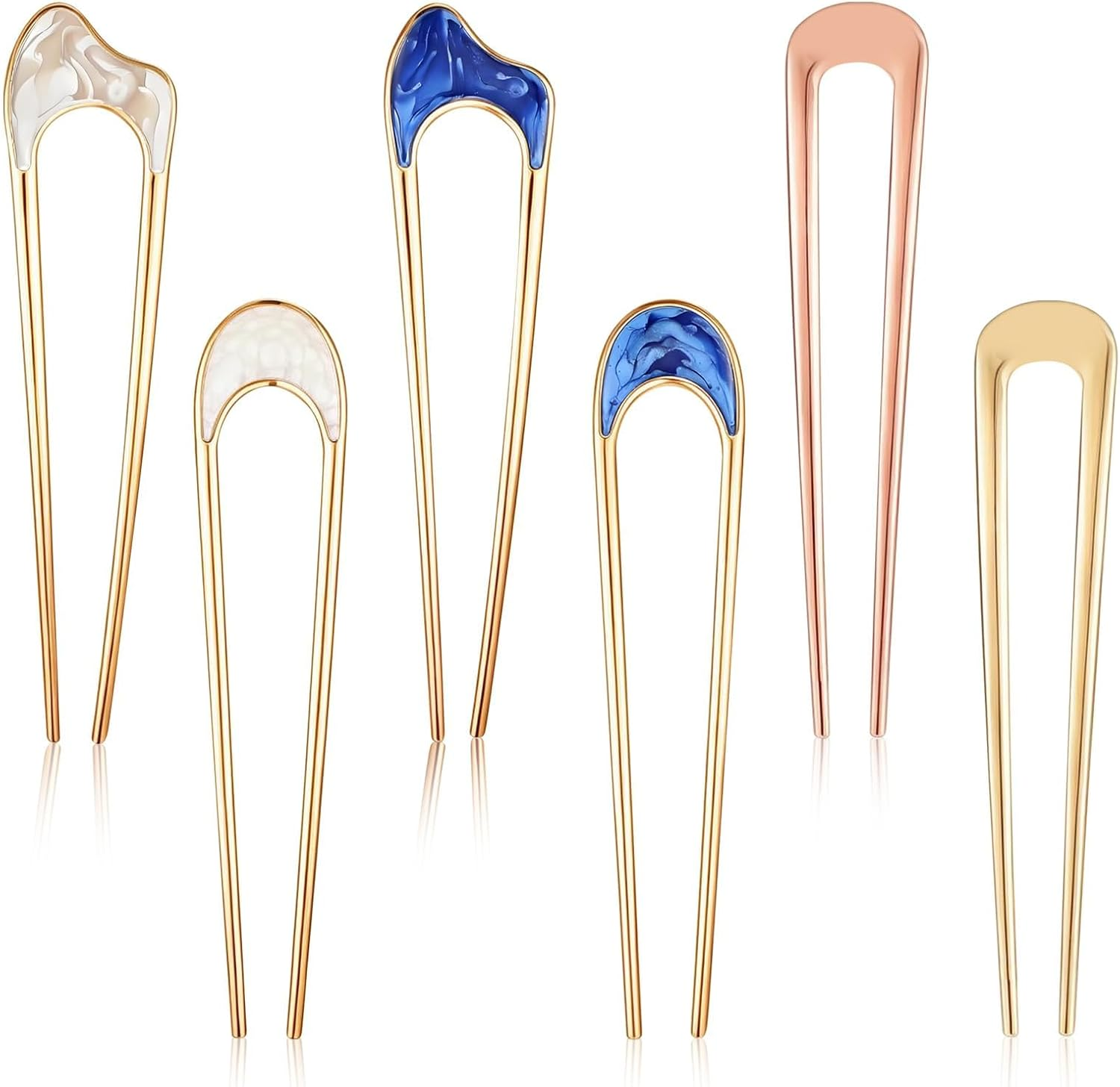 6 Pcs U French Hair Pins Women Metal for Hair Bun U Shaped French Twist Pin Gold Blue Thick Thin Chignon Hairstyles Accessories Classical Sticks for Women Girls Holiday Gifts Wedding Updo Top Knots