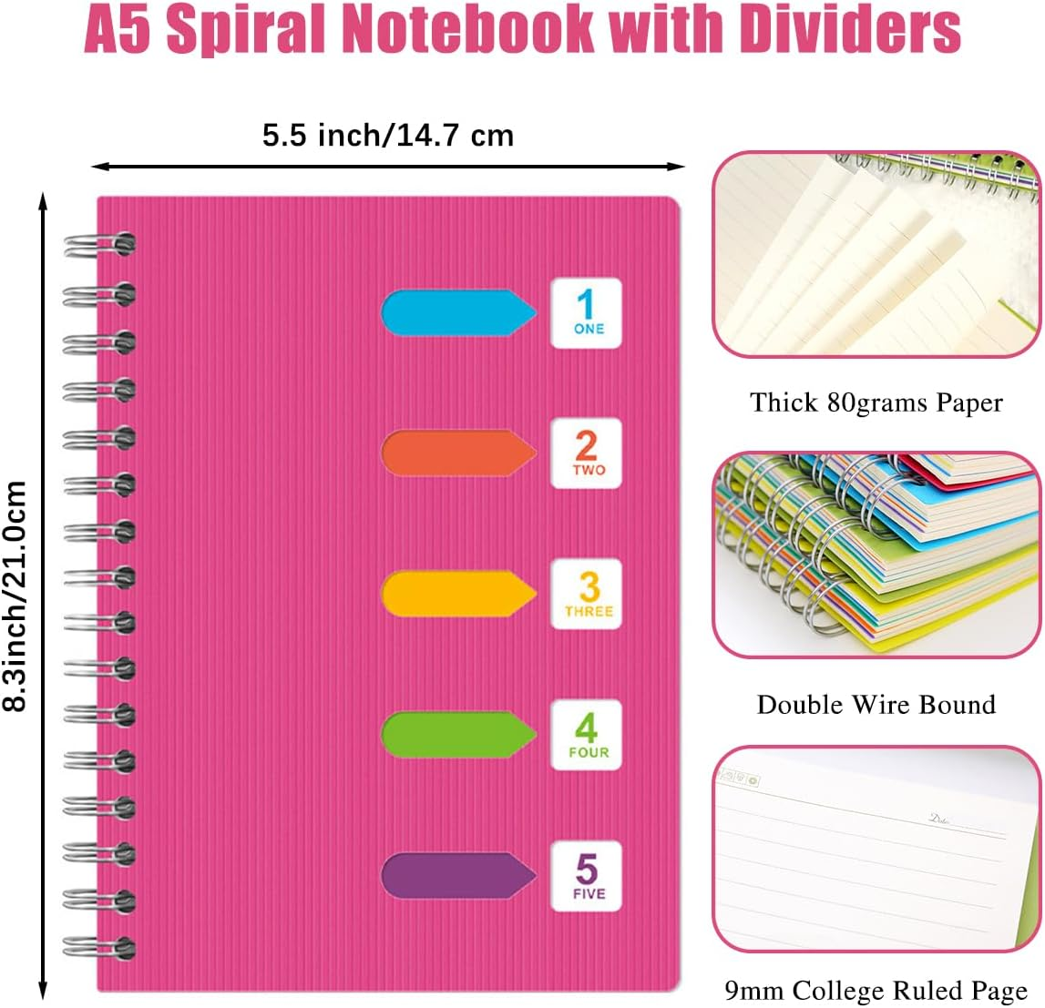 2Pcs 5 Subject Notebook, FHDUSRYO A5 Spiral Notebook with Dividers, Hardcover Notebook Double Wires Journal, 240 Pages Ruled Notebook with Pen Sticky Tab for Work, Home, School, Office (Pink Yellow) - Pink Yellow image number 3