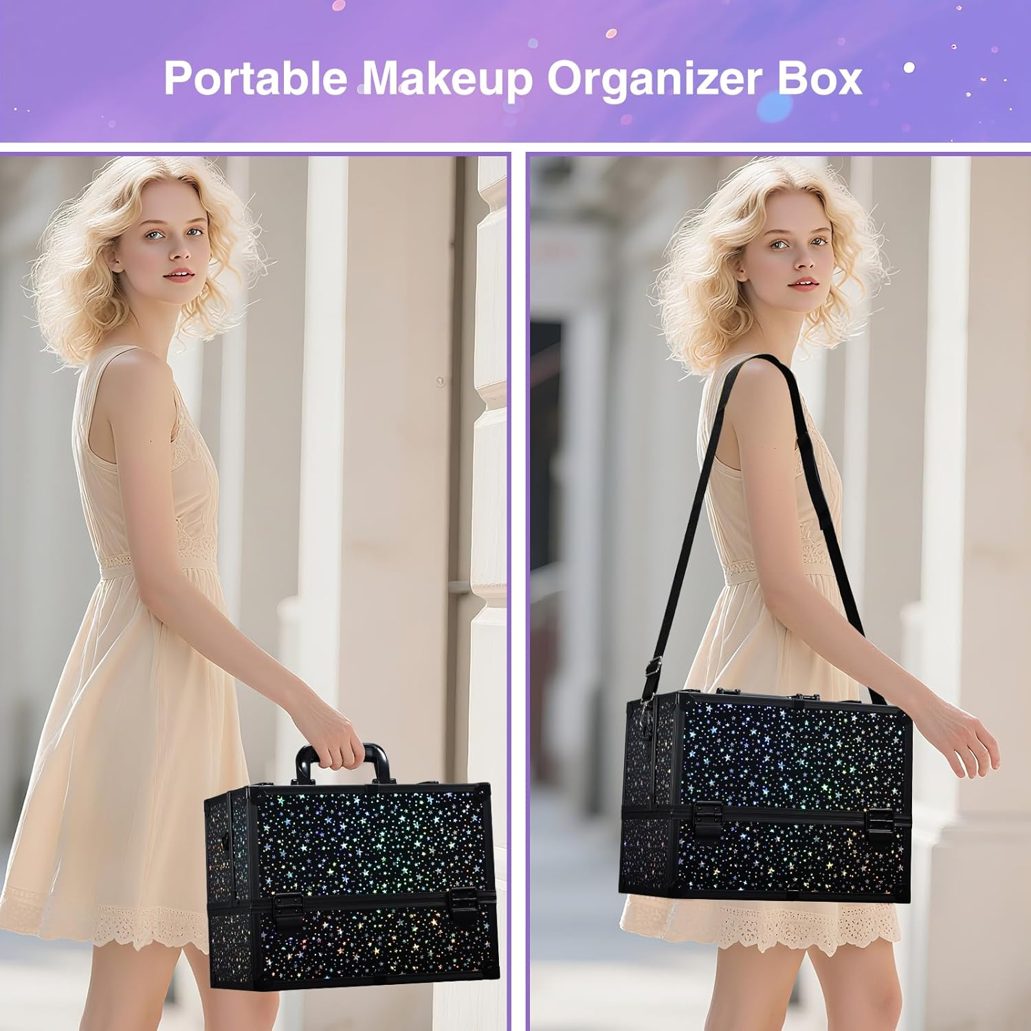 Joligrace Make up Organiser Nail Polish Jewellery Cosmetic Box Beauty Vanity Case Extra Large Space, Black Star, L image number 1