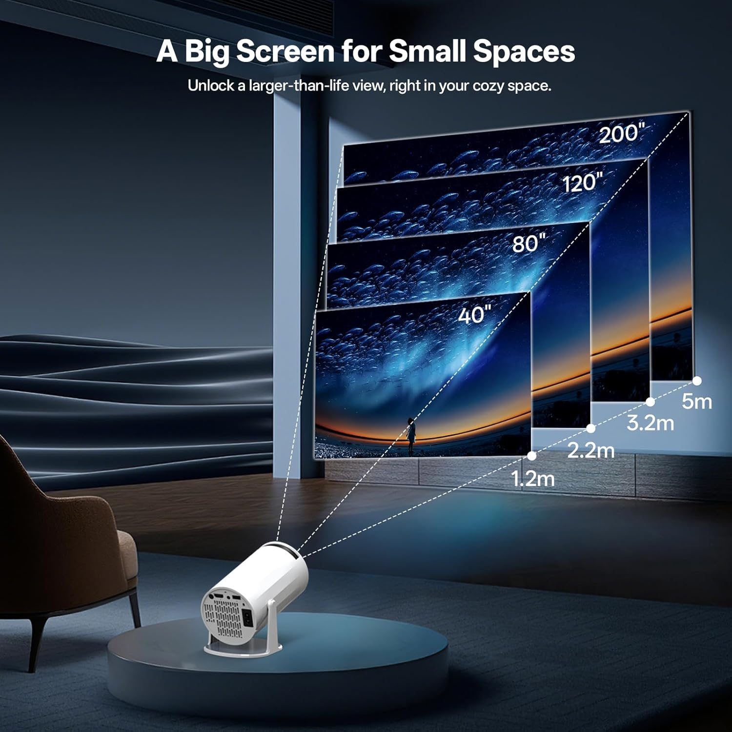 Mini Projector with 1080P Support, [Built-In Apps & Screen Mirroring] Portable Projector with Wifi 6 BT 5.4, Auto Vertical Keystone, 180&deg; Rotation Smart Projectors Suitable for Outdoor/Tv Stick/Phone