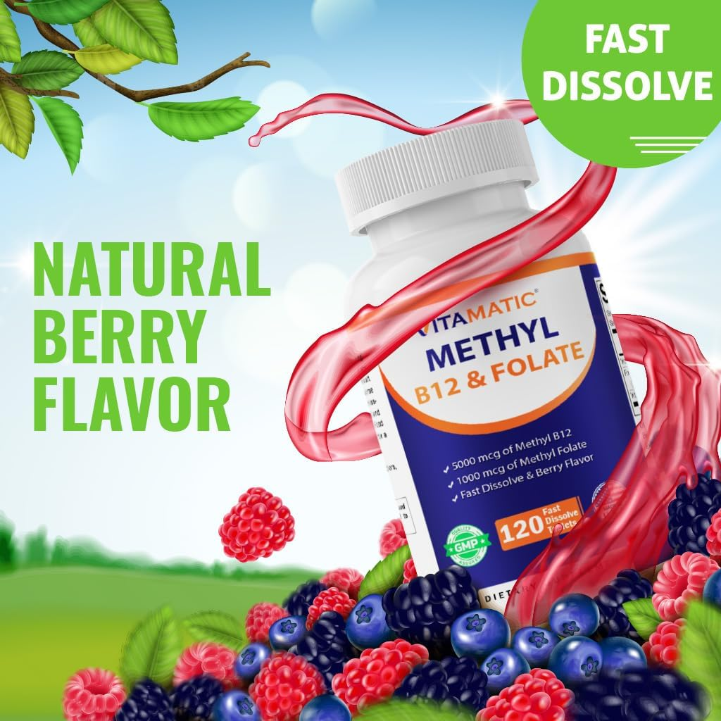 Vitamatic Methyl Folate & B12 Supplement with Pyridoxal 5 Phosphate (P-5-P) - Promotes Cardiovascular Health & Energy Metabolism - 120 Fast Dissolve Tablets - Non GMO & Gluten Free image number 4
