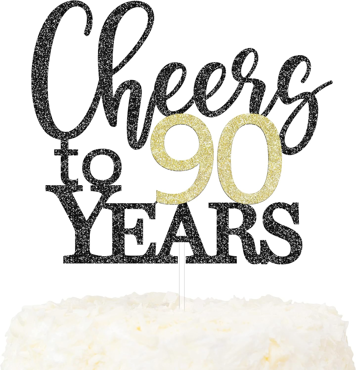 LOVENJOY Cheers to 90 Years Cake Topper for Happy 90Th Birthday Anniversary Cake Decorations, Dual-Side Black and Gold Glitter image number 4