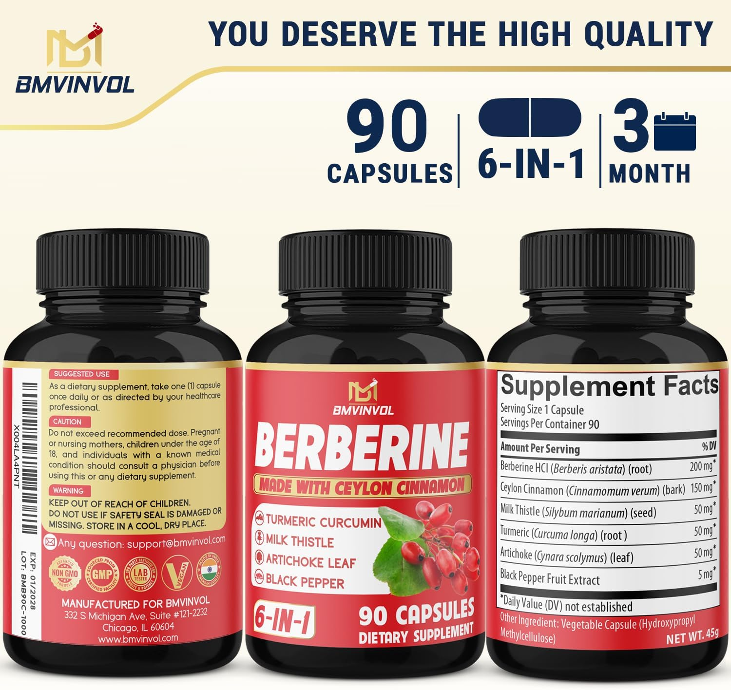 Berberine with Ceylon Cinnamon, Turmeric, Milk Thistle, Artichoke, Black Pepper - 90 Count - Pack of 1 image number 1