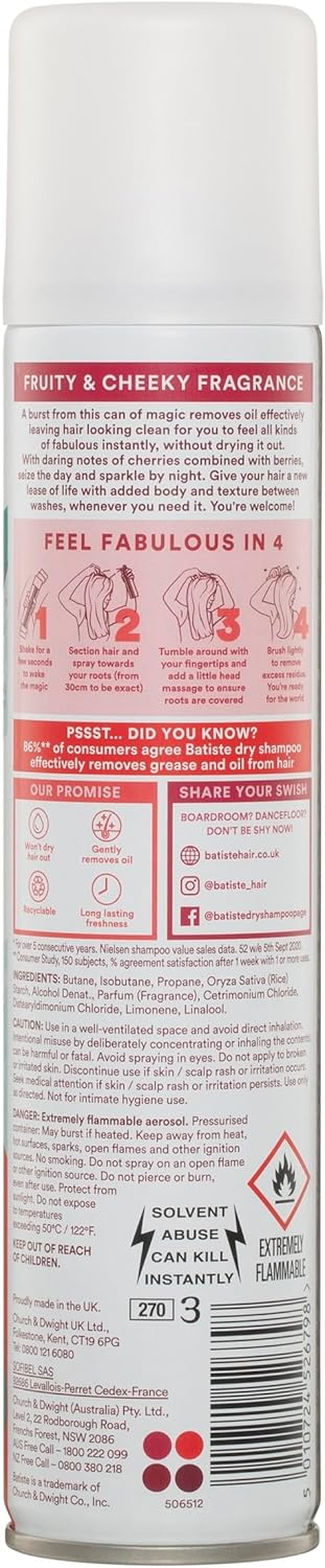 Batiste Cherry Dry Shampoo - Fruity Scent with Cherry & Berry - Quick Refresh for All Hair Types - Revitalises Oily Hair Hair Care - Hair & Beauty Products - 200Ml