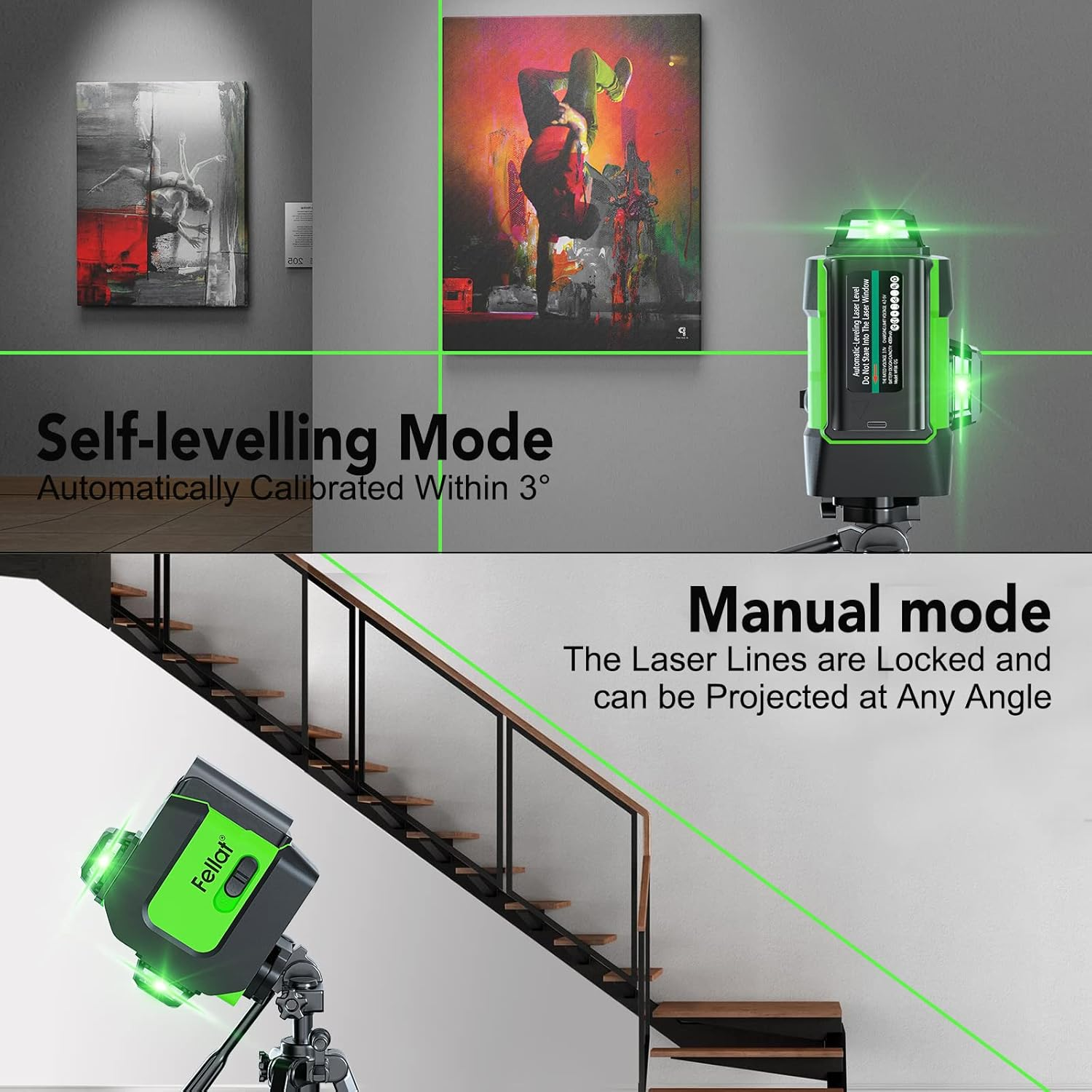 Cross Line Laser 3 X 360&deg;, Cross Line Laser Green Self-Levelling Laser Spirit Level 12 Line Lasers with 2 X 4000 Mah Rechargeable Batteries and Remote Control for Indoor Construction Site image number 4