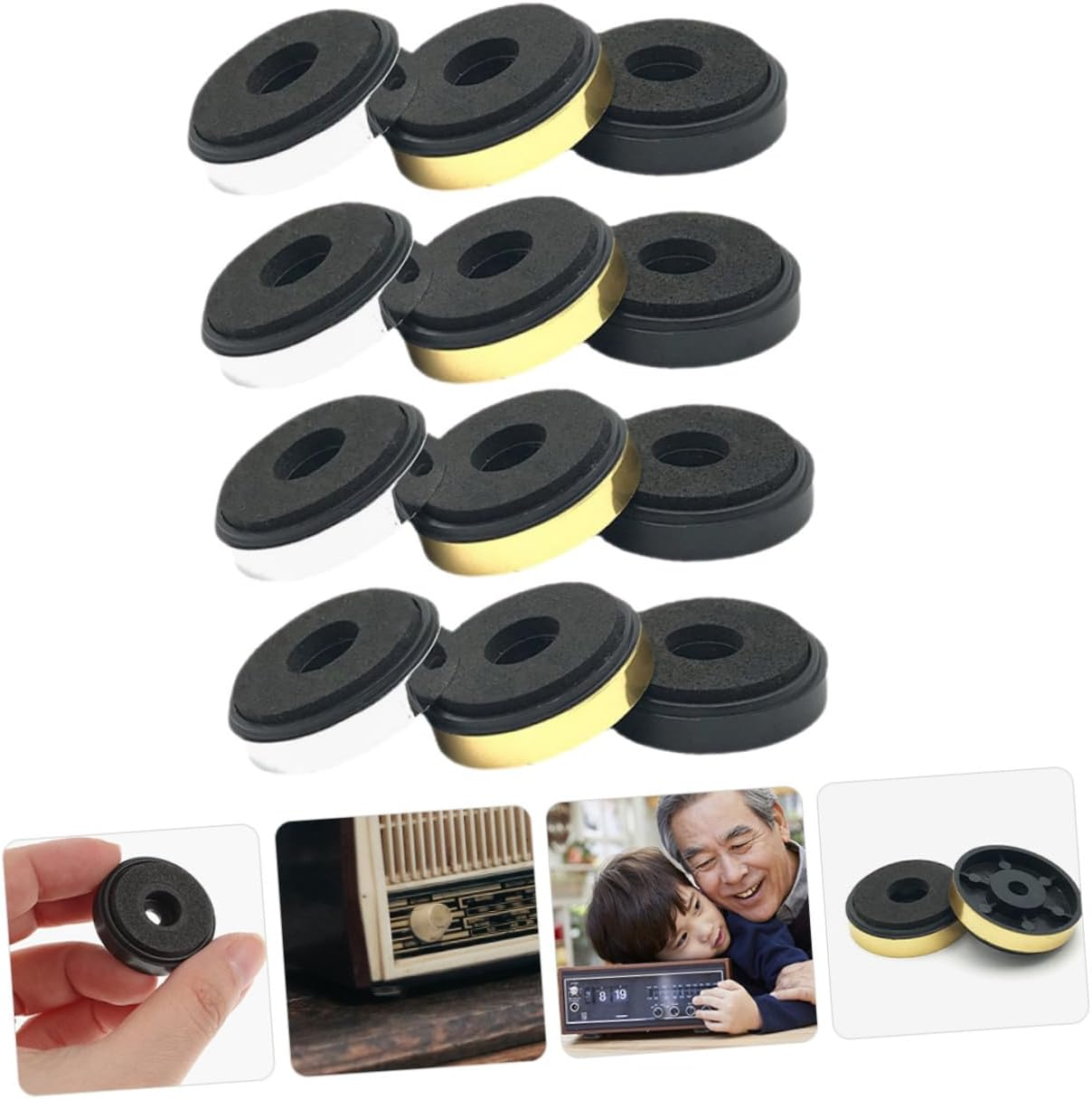 YOSADIER 12Pcs Speaker Isolation Pads and Vibration Damper Feet for Subwoofer and Turntable, 30X8Mm Foam Shock Absorbing Stands in Gold, Silver, Black &ndash; Home Audio Accessories for Hifi Audio Systems