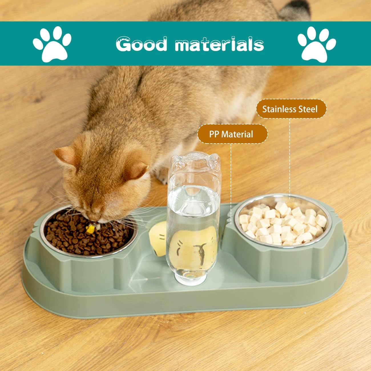 Cat Bowl,Raised Dog Bowls,Water and Food Bowl Set,3 in 1 Pet Feeder and Waterer,15&deg; Tilted anti Vomiting Elevated Cat Dish,Pet Feeding Bowl with Automatic Waterer Bottle for Kitten Puppy Dogs (Green) image number 1