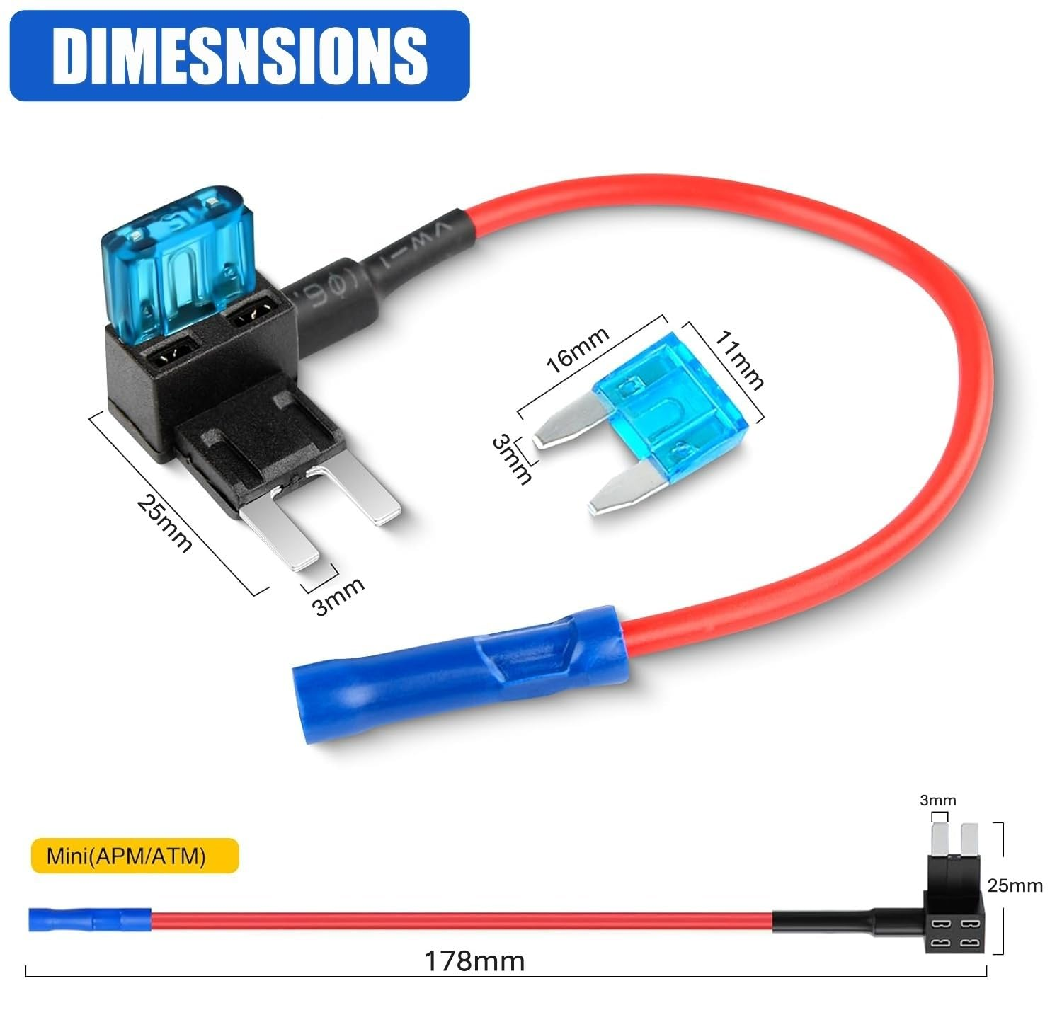 Ozchillon 5 Pack Mini Add-A-Circuit Fuse Tap Kit with Blue Terminal &ndash; 12AWG Piggyback Fuse Holders for Car, SUV, Ute, Truck, 12V Accessory Installation Kit Mini APM ATM Blade Fuses (5, 30AMP) image number 6