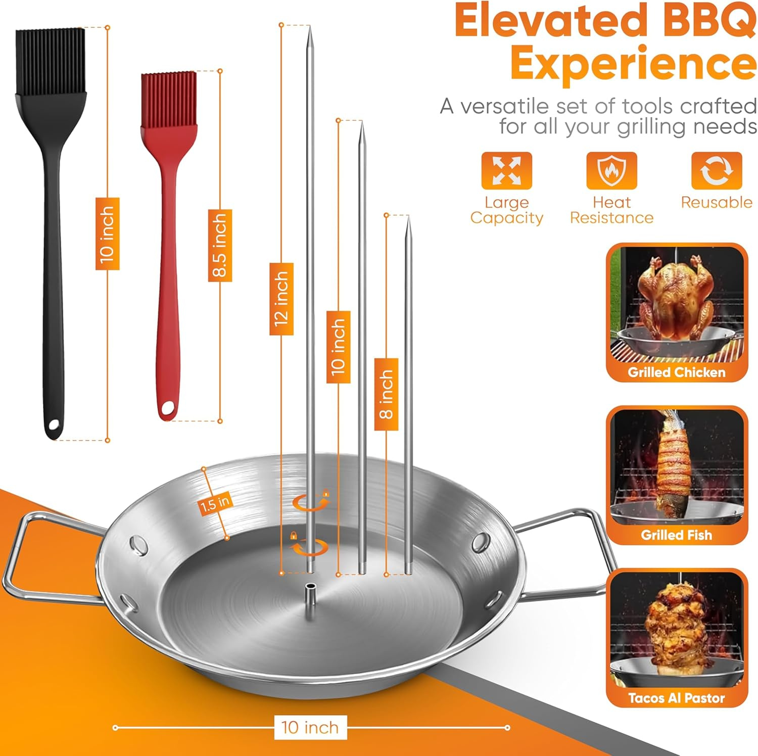 Stainless Steel Al Pastor Vertical Skewer Set for Grill &ndash; Brazilian Spit Stand with 3 Removable Skewers (8&rdquo;, 10&rdquo;, 12&rdquo;) & Brushes, Perfect for Tacos Al Pastor, Shawarma, Kebabs, Smoker, Oven, BBQ image number 2