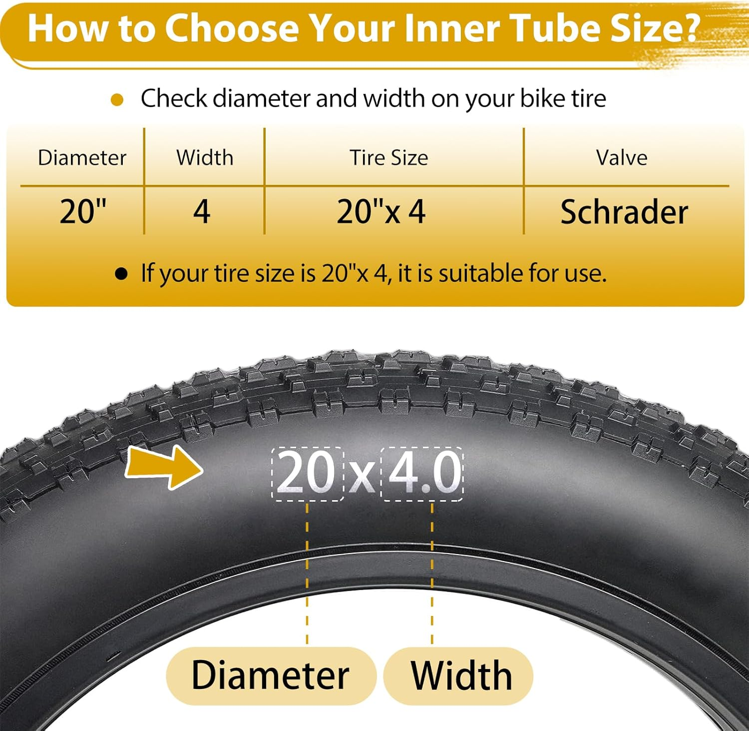 2 Pack 20 X 4.0 Fat Tire Tube Schrader Valve, Puncture Proof Bike Tubes for 20 X 4 Bicycle Tire, Butyl Rubber Inner Tube for Ebike/Electric Bike/Mountain Bike image number 4