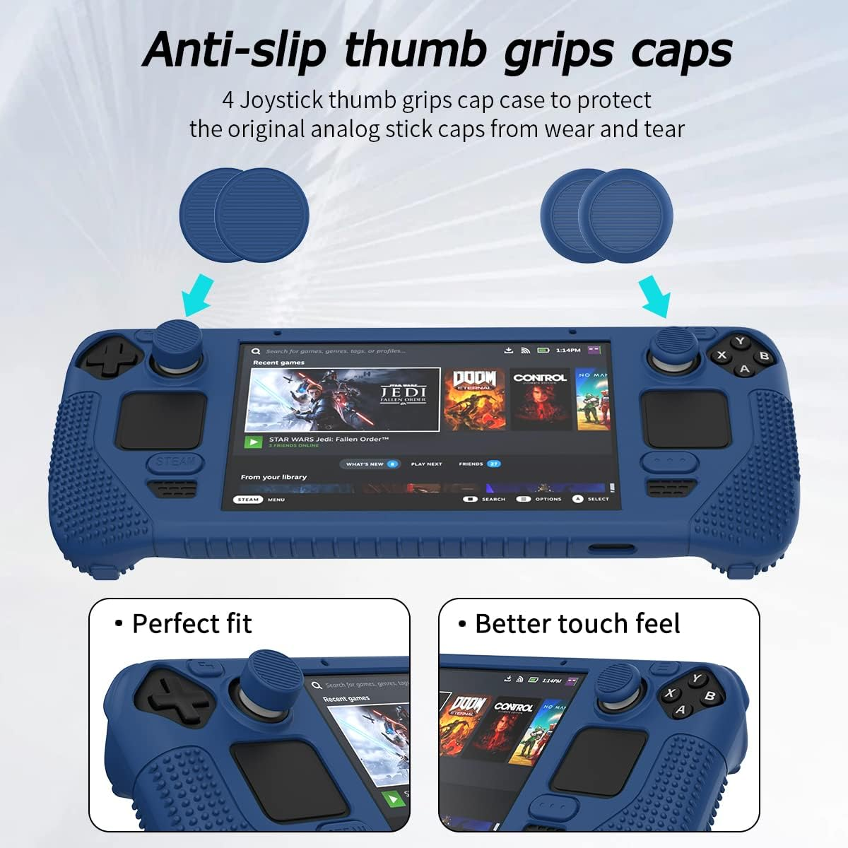 SUIHUOJI Steam Deck/Steam Deck OLED Standing Protective Case, Thickening Silicone Accessories Protector, Soft Cover Skin Shell with 2 Pairs Thumb Grips, Full Protection for Valve Stream Deck (Blue) image number 4