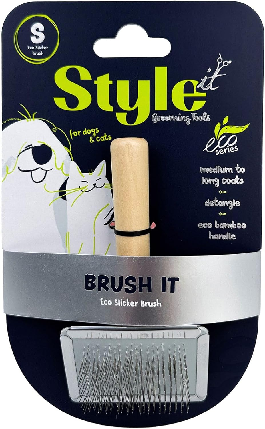 Style It Dog Grooming Eco Slicker Brush for Dogs & Cats, Small - Suitable for Medium to Long Coats, De-Tangles & De-Sheds for Healthy Coats, Eco Bamboo Handle
