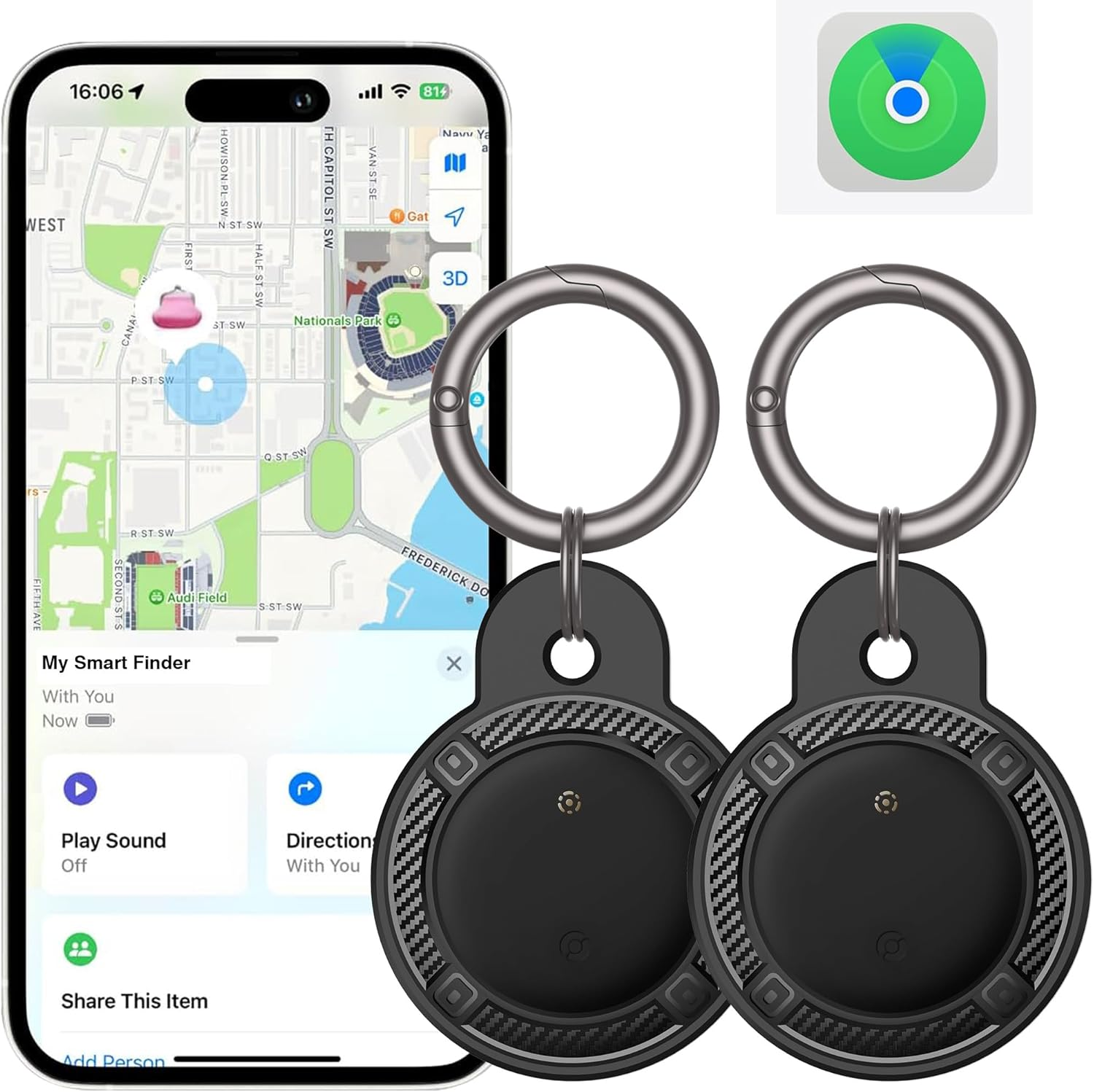 VISOOP Air Tags 2Pack with Holder Case, Smart Bluetooth Tracker Compatible with Find My(Ios Only), Item Finder Locator for Pets/Keys/Bags/Luggage Suitcases, Replaceable Battery Waterproof-Black image number 6