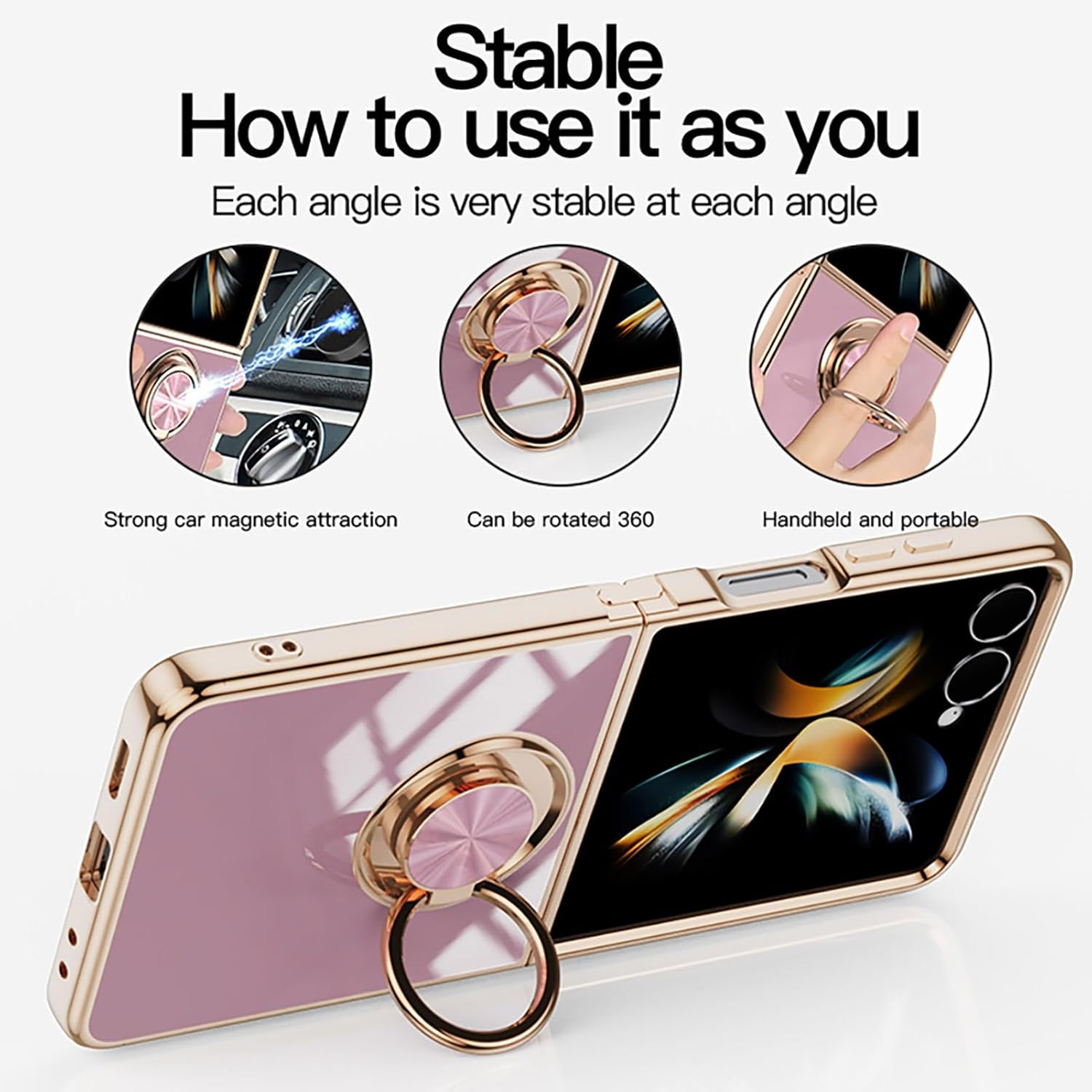 ILING Case for Samsung Galaxy Z Flip 7 5G (Z Flip7 5G) with 360 Degree Ring Stand, Luxury Galvanised Gold Trim, Soft TPU Silicone, Shockproof Protective Case, Ultra Thin Women'S Mobile Phone Case image number 2