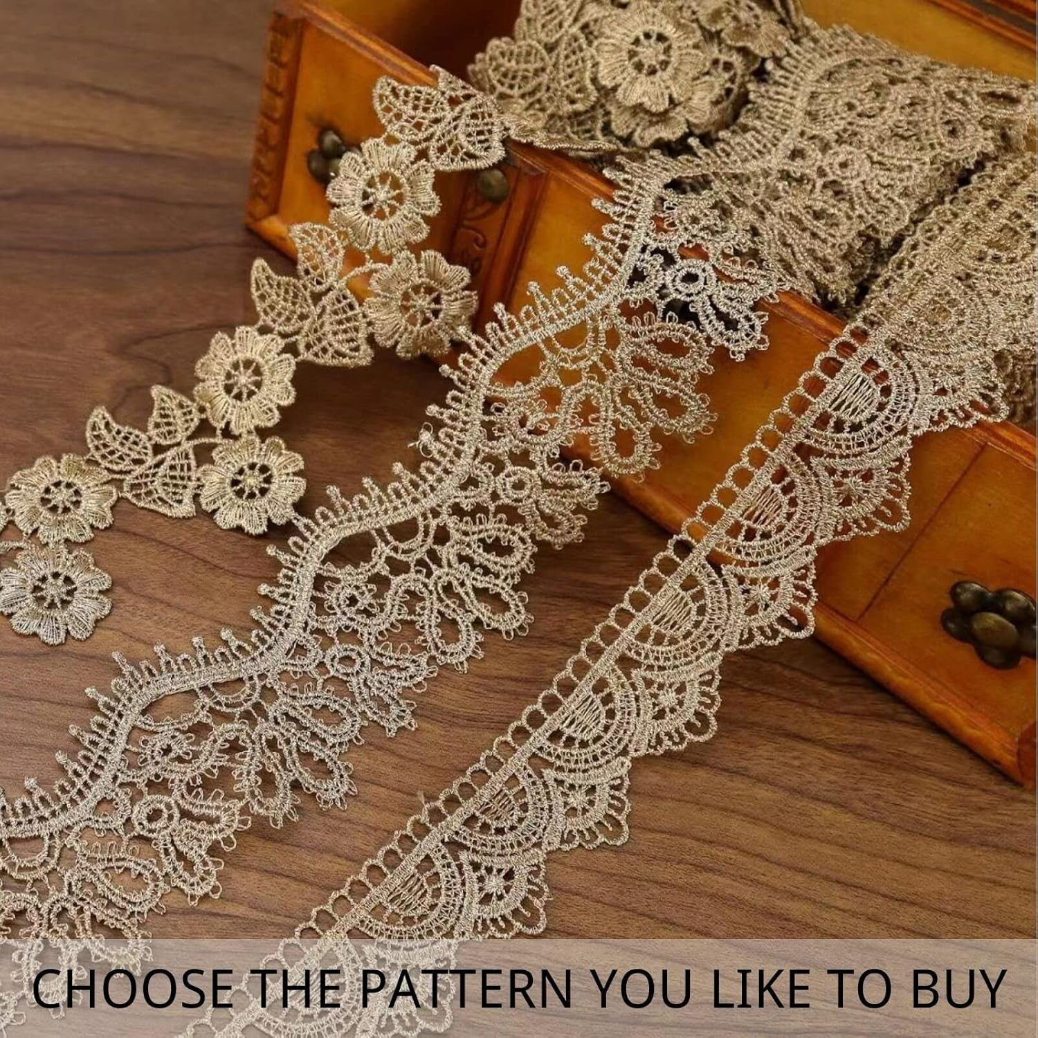 Gold Lace Ribbon 4.8 Yards Golden Embroidery Venice Lace Trim Vintage Golden for Sewing Cake Fringe Wedding Bridal Dress 1.2 Inch image number 2